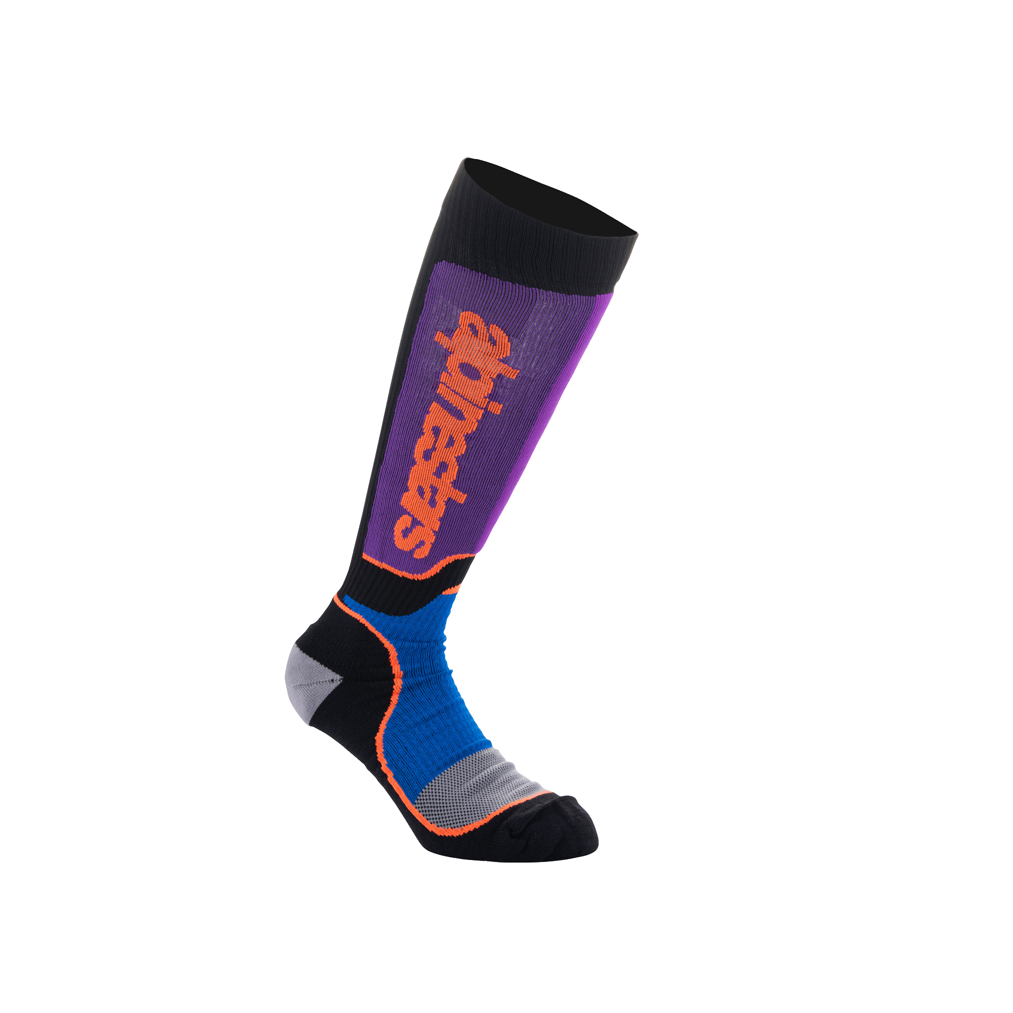 Alpinestars Youth MX Plus Socks, calze da motocross al ginocchio, nero, blu reale e viola con logo arancione, con costruzione a coste e tallone e punta rinforzati per la guida fuoristrada