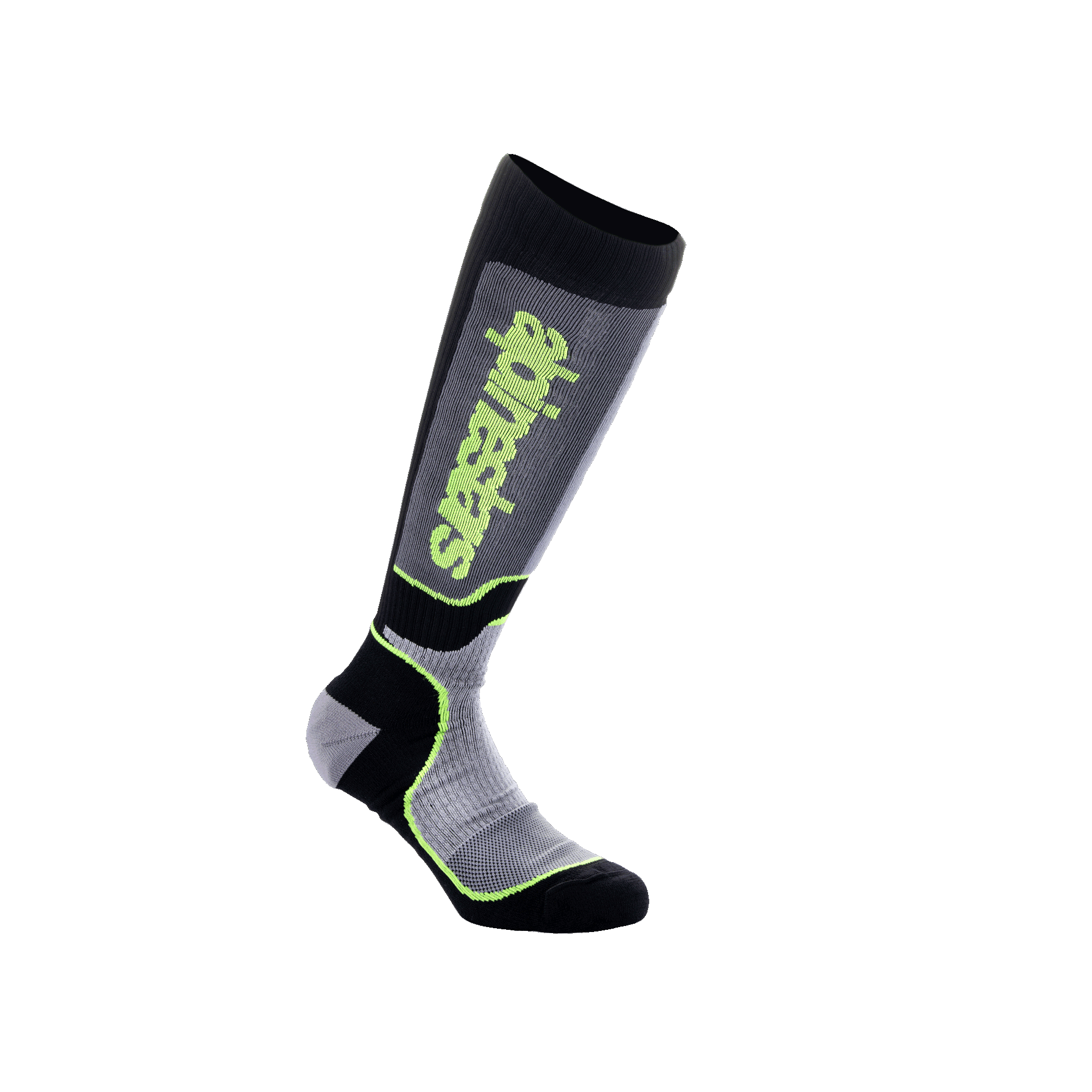 Alpinestars Youth MX Plus Socks, calze da motocross per ragazzi, nero, grigio e giallo fluo, design tecnico al ginocchio con costruzione a costine e logo Alpinestars, ideali per il motocross off-road