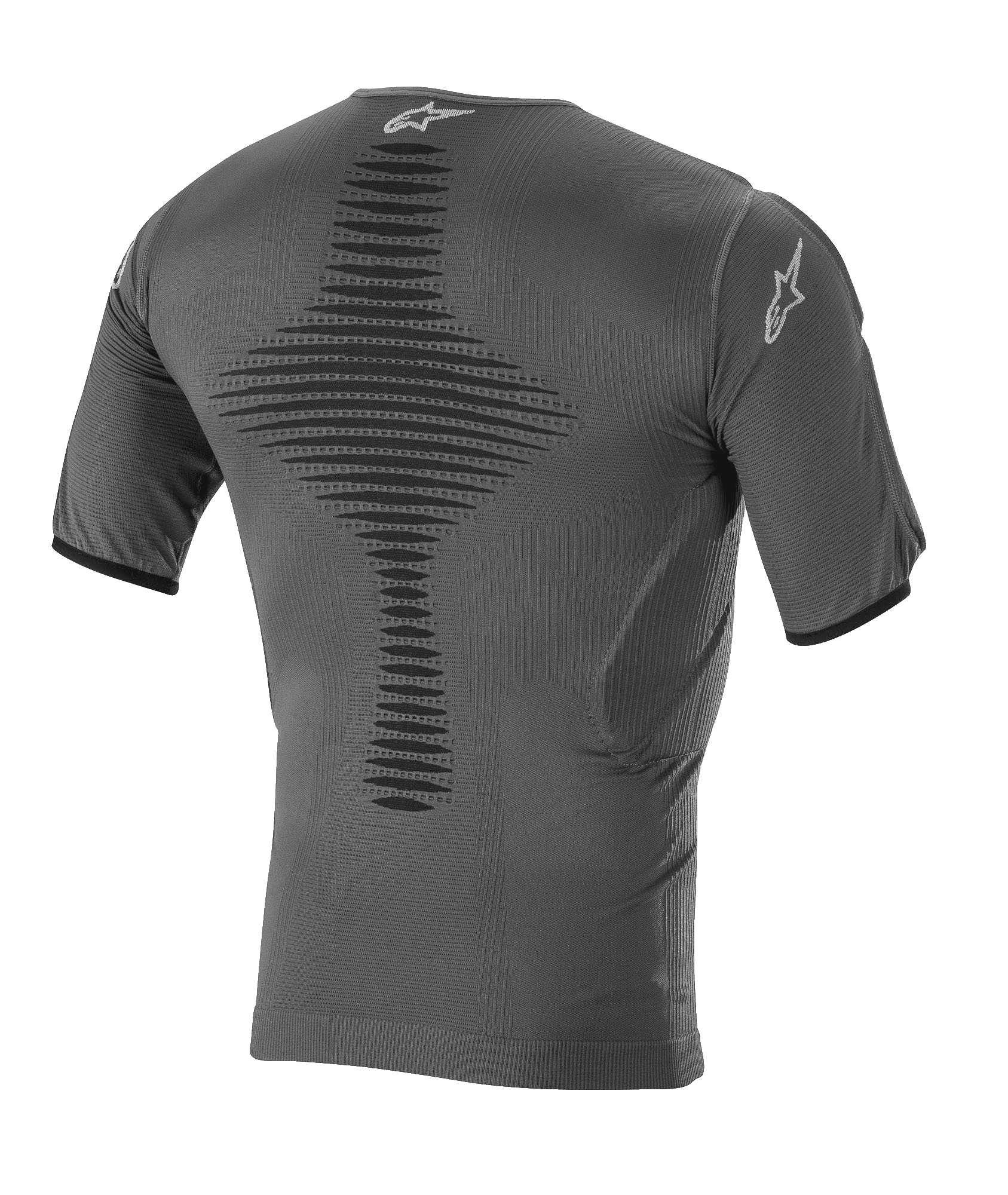 Top Intimo Tecnico Alpinestars Roost, baselayer da motocross, nero antracite, vista posteriore con struttura in maglia traspirante, zona di ventilazione centrale testurizzata, maniche corte e logo a stella Alpinestars sul colletto e sulla manica.