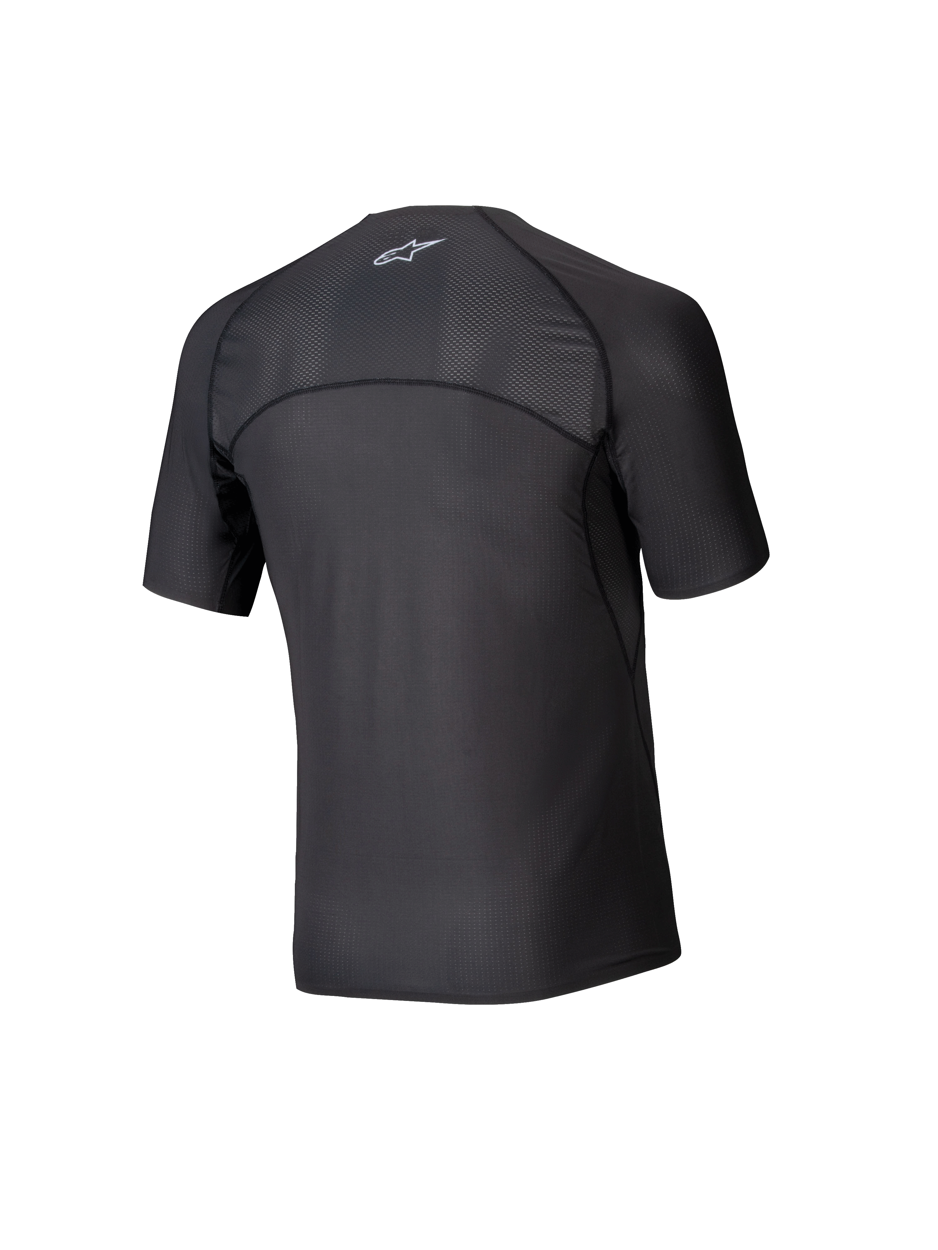 Alpinestars Tech KX Sim Top, strato base per karting a maniche corte, nero, vista posteriore che mostra i pannelli in rete traspirante su spalle e parte superiore della schiena, cuciture ergonomiche, tessuto tecnico traspirante