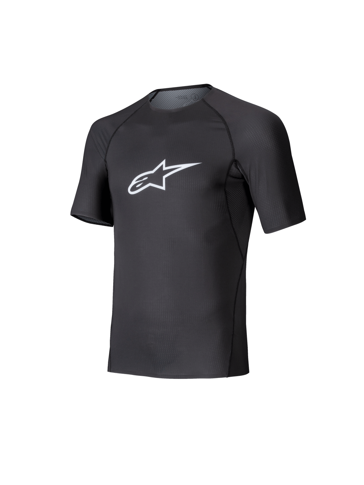 Alpinestars Tech KX Sim Top, strato base a maniche corte per karting, nero con logo Astars bianco sul petto, costruzione in rete elasticizzata traspirante, vestibilità ergonomica per karting e sim racing