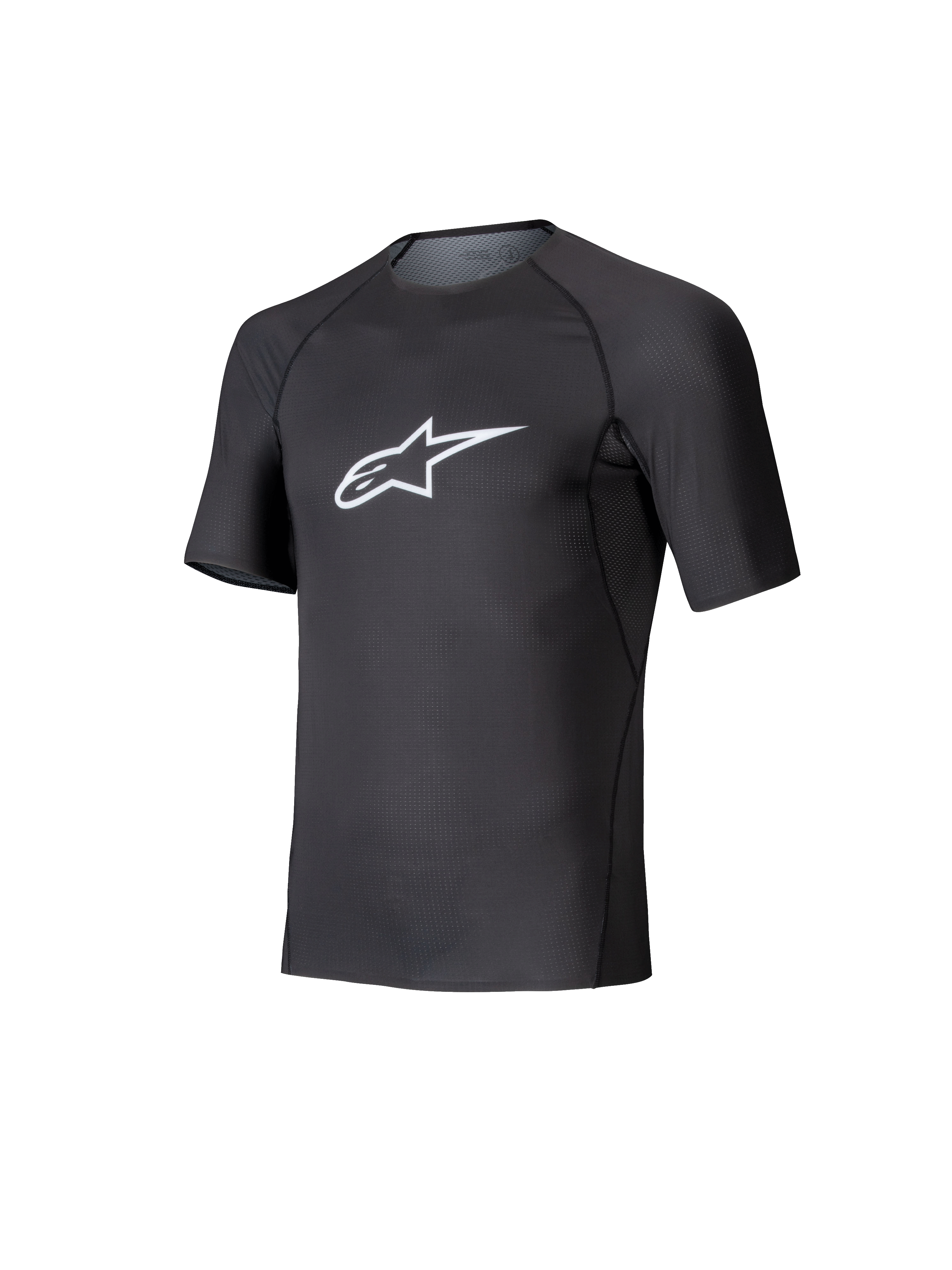 Alpinestars Tech KX Sim Top, strato base a maniche corte per karting, nero con logo Astars bianco sul petto, costruzione in rete elasticizzata traspirante, vestibilità ergonomica per karting e sim racing