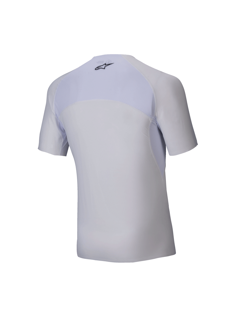 Alpinestars Tech KX Sim Top - Maniche Corte, strato base per karting bianco, vista posteriore, con pannello superiore della schiena in rete traspirante, logo Alpinestars nero sul collo, materiale elasticizzato ergonomico per prestazioni racing