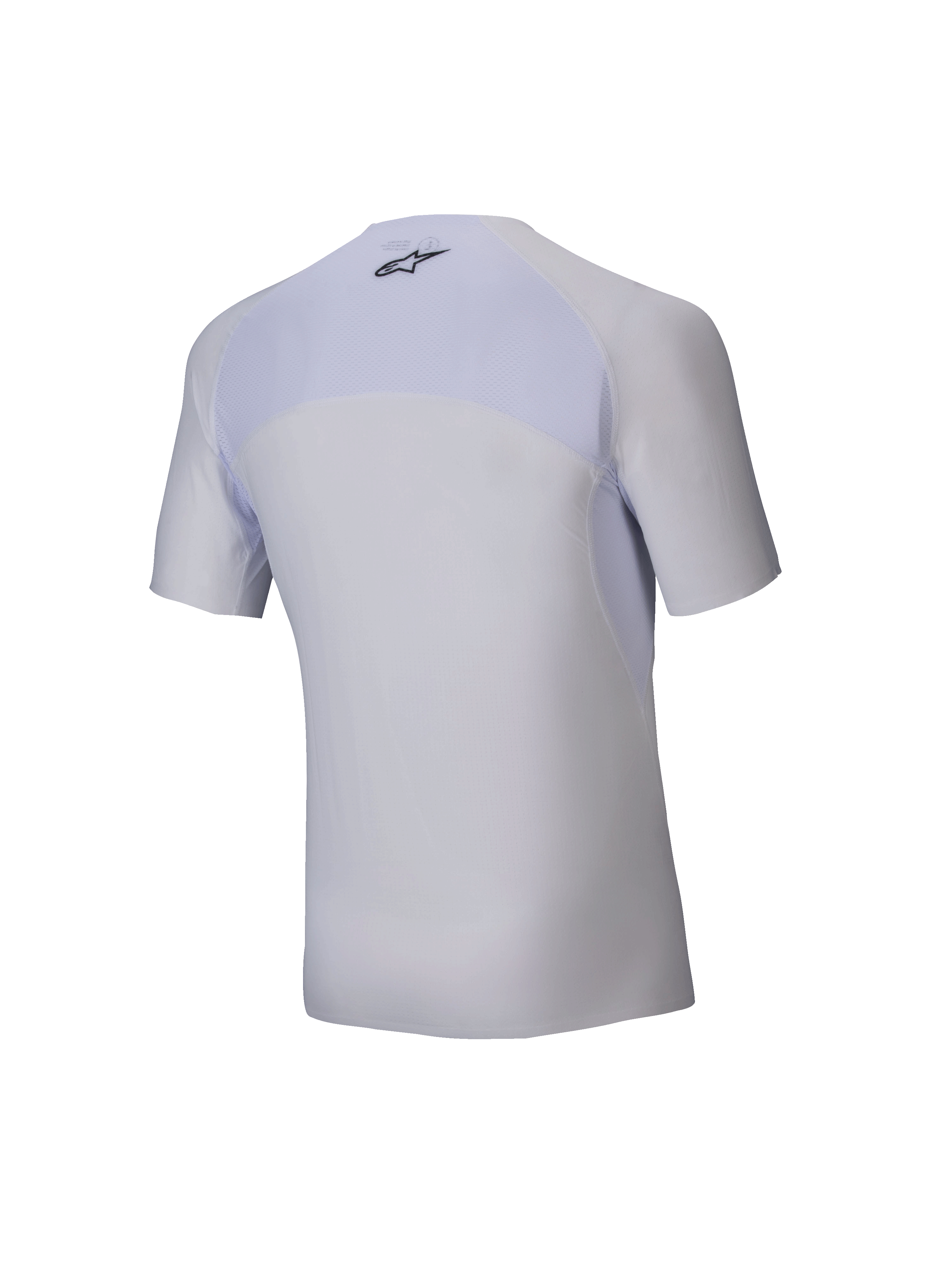 Alpinestars Tech KX Sim Top - Maniche Corte, strato base per karting bianco, vista posteriore, con pannello superiore della schiena in rete traspirante, logo Alpinestars nero sul collo, materiale elasticizzato ergonomico per prestazioni racing