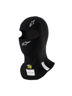 Alpinestars Passamontagna ZX Evo V3, nero, sottocasco ignifugo per auto da corsa, con loghi Alpinestars bianchi, apertura per tubo di idratazione ed etichette di omologazione FIA/SFI, design leggero ed ergonomico per uso motoristico