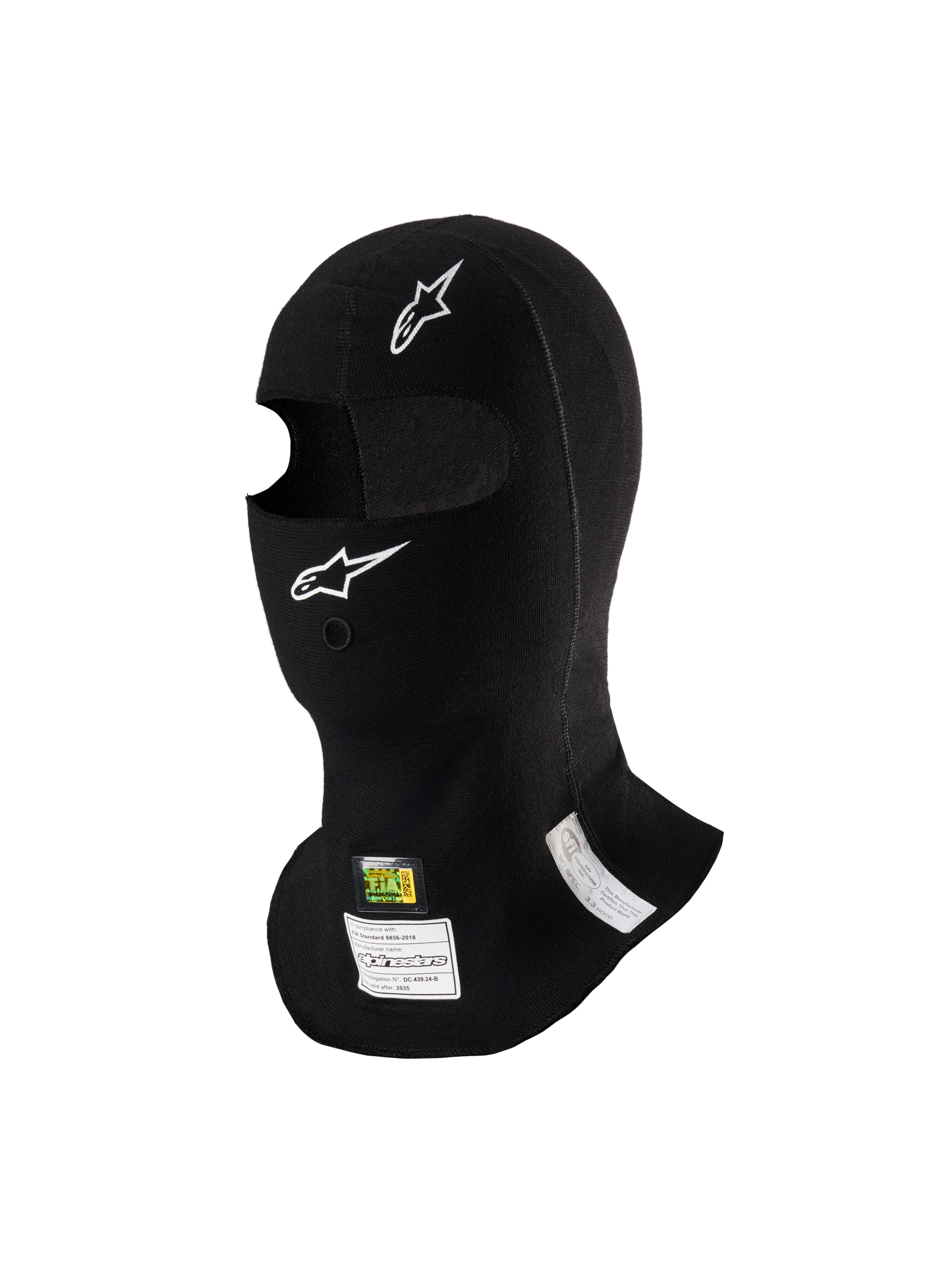 Alpinestars Passamontagna ZX Evo V3, nero, sottocasco ignifugo per auto da corsa, con loghi Alpinestars bianchi, apertura per tubo di idratazione ed etichette di omologazione FIA/SFI, design leggero ed ergonomico per uso motoristico