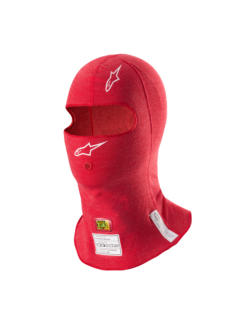 Passamontagna Alpinestars ZX Evo V3, rosso, sottocasco ignifugo per corse automobilistiche, con loghi Astars bianchi, apertura per il tubo di idratazione ed etichette di certificazione FIA e SFI sul bordo inferiore.