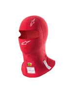 Passamontagna Alpinestars ZX Evo V3, rosso, sottocasco ignifugo per corse automobilistiche, con loghi Astars bianchi, apertura per il tubo di idratazione ed etichette di certificazione FIA e SFI sul bordo inferiore.