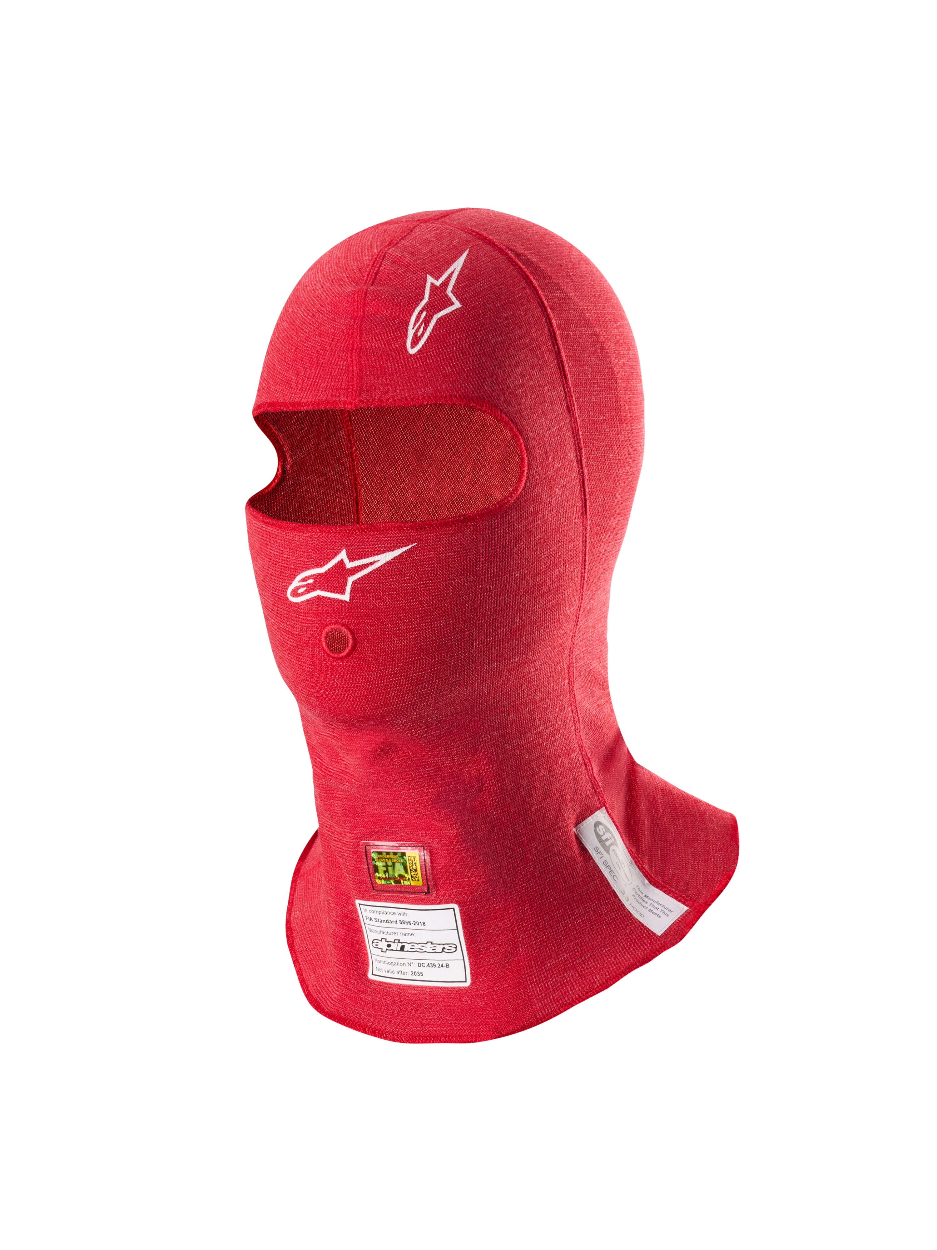 Passamontagna Alpinestars ZX Evo V3, rosso, sottocasco ignifugo per corse automobilistiche, con loghi Astars bianchi, apertura per il tubo di idratazione ed etichette di certificazione FIA e SFI sul bordo inferiore.