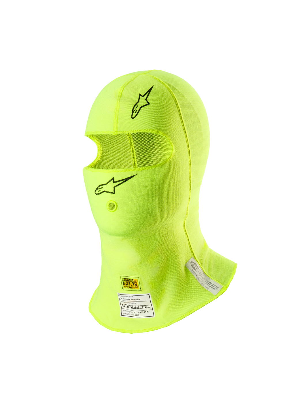 Alpinestars ZX Evo V3 Passamontagna, sottocasco per corse automobilistiche, giallo fluo, con loghi a stella neri sulla fronte e sul mento, etichette di certificazione FIA e SFI sul collo, materiale leggero resistente alle fiamme con apertura per il tubo di idratazione