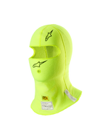 Alpinestars ZX Evo V3 Passamontagna, sottocasco per corse automobilistiche, giallo fluo, con loghi a stella neri sulla fronte e sul mento, etichette di certificazione FIA e SFI sul collo, materiale leggero resistente alle fiamme con apertura per il tubo di idratazione