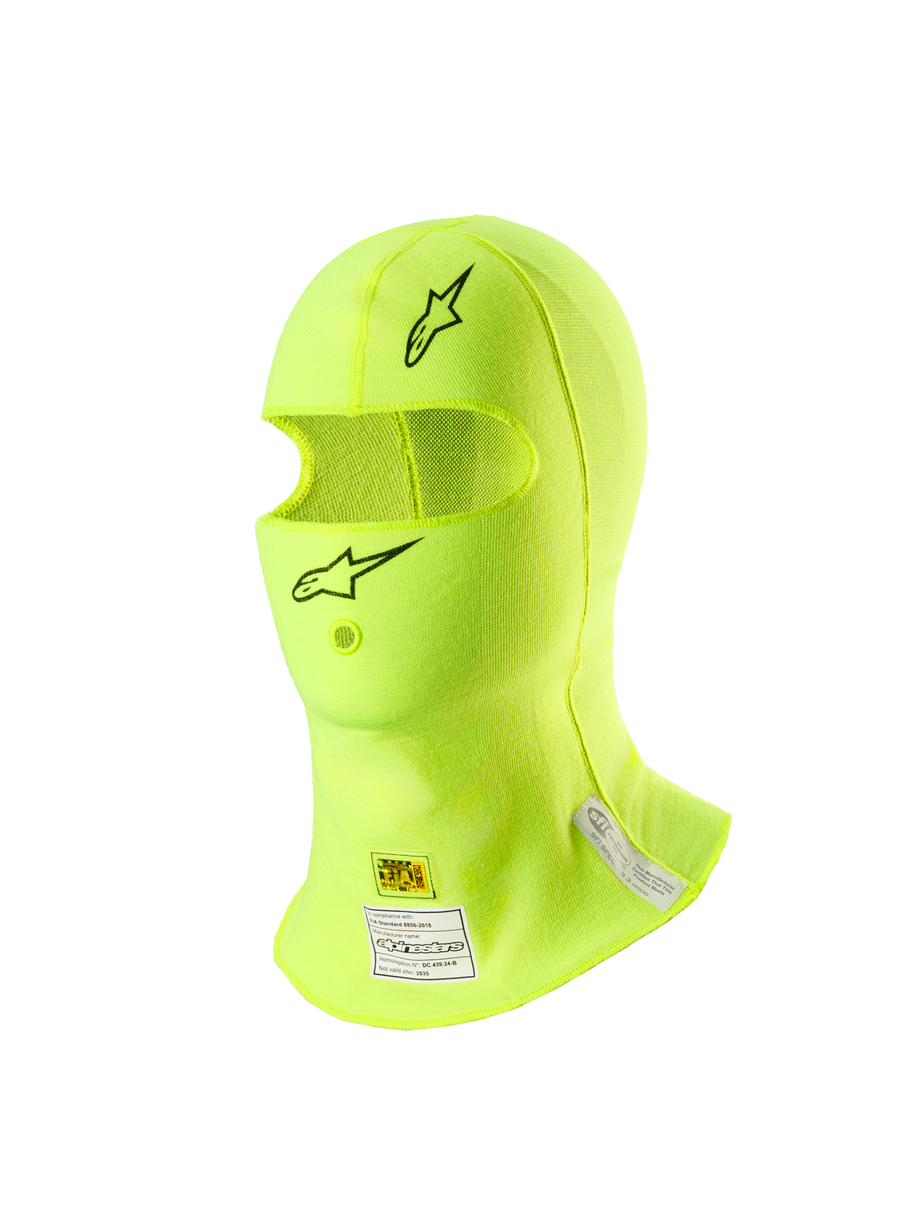 Alpinestars ZX Evo V3 Passamontagna, sottocasco per corse automobilistiche, giallo fluo, con loghi a stella neri sulla fronte e sul mento, etichette di certificazione FIA e SFI sul collo, materiale leggero resistente alle fiamme con apertura per il tubo di idratazione