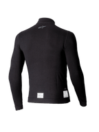 Alpinestars ZX Evo V3 Long Sleeve Top, sottotuta da auto racing nero, vista posteriore con un piccolo logo grigio sul collo ed etichette di certificazione FIA/SFI bianche sull'orlo inferiore, design leggero e resistente alle fiamme.