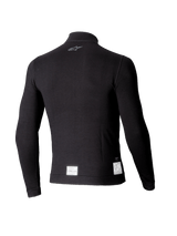 Alpinestars ZX Evo V3 Long Sleeve Top, sottotuta da auto racing nero, vista posteriore con un piccolo logo grigio sul collo ed etichette di certificazione FIA/SFI bianche sull'orlo inferiore, design leggero e resistente alle fiamme.