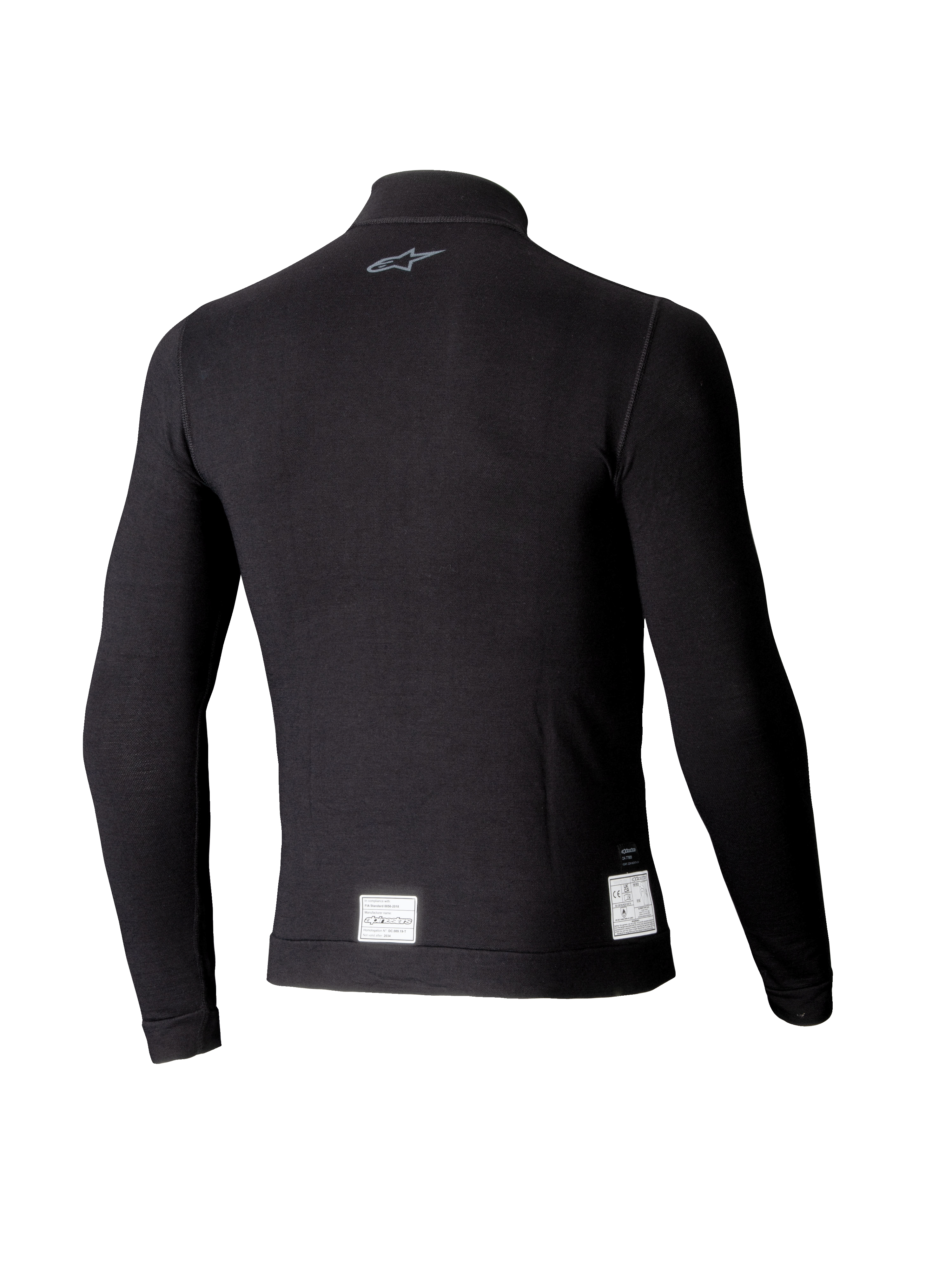 Alpinestars ZX Evo V3 Long Sleeve Top, sottotuta da auto racing nero, vista posteriore con un piccolo logo grigio sul collo ed etichette di certificazione FIA/SFI bianche sull'orlo inferiore, design leggero e resistente alle fiamme.