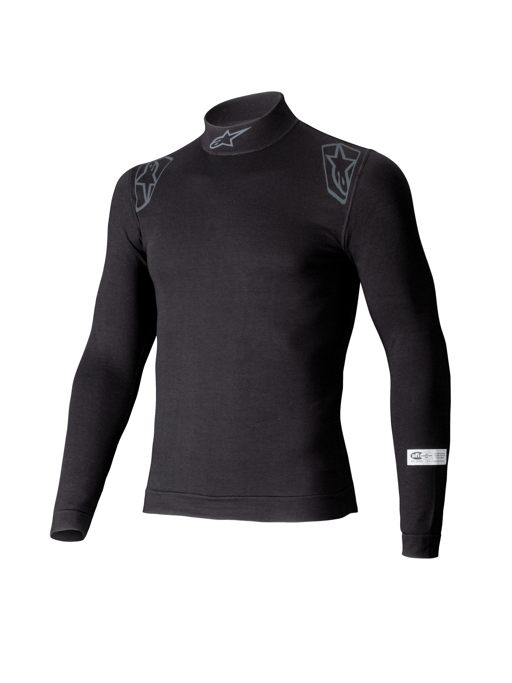 Alpinestars ZX Evo V3 Top, base layer a maniche lunghe per auto racing, nero, con collo a lupetto e logo Alpinestars, grafiche sulle spalle e etichetta di certificazione SFI sulla manica, intimo ignifugo professionale per motorsport