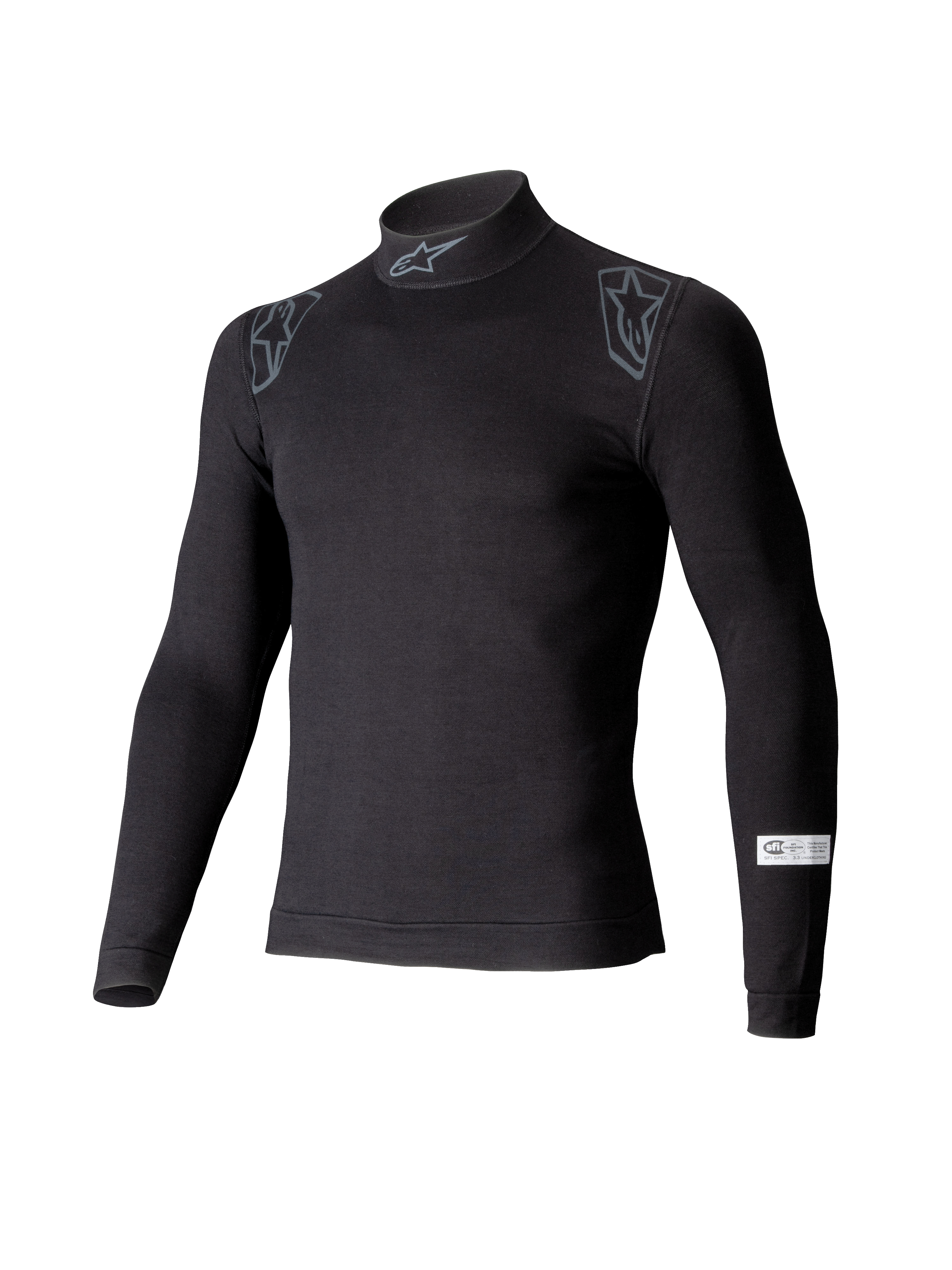 Alpinestars ZX Evo V3 Top, base layer a maniche lunghe per auto racing, nero, con collo a lupetto e logo Alpinestars, grafiche sulle spalle e etichetta di certificazione SFI sulla manica, intimo ignifugo professionale per motorsport