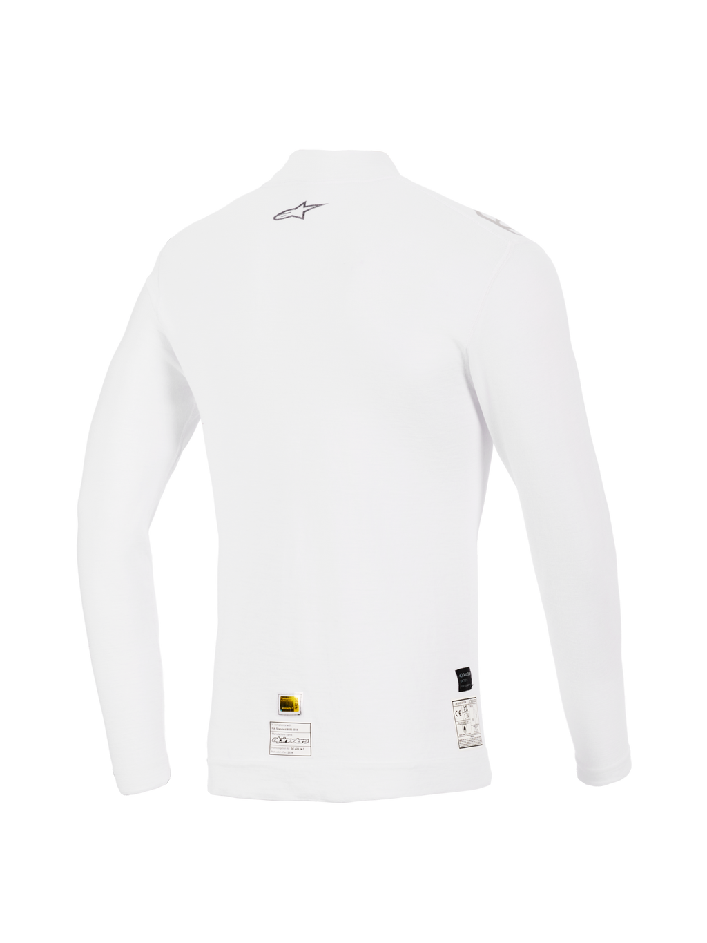 Alpinestars ZX Evo V3 Top a Maniche Lunghe, Bianco, Vista Posteriore, strato di base ignifugo per corse automobilistiche con un piccolo logo Alpinestars grigio sulla parte superiore della schiena ed etichette di certificazione sull'orlo, vestibilità performante con consistenza morbida