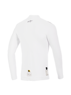 Alpinestars ZX Evo V3 Top a Maniche Lunghe, Bianco, Vista Posteriore, strato di base ignifugo per corse automobilistiche con un piccolo logo Alpinestars grigio sulla parte superiore della schiena ed etichette di certificazione sull'orlo, vestibilità performante con consistenza morbida