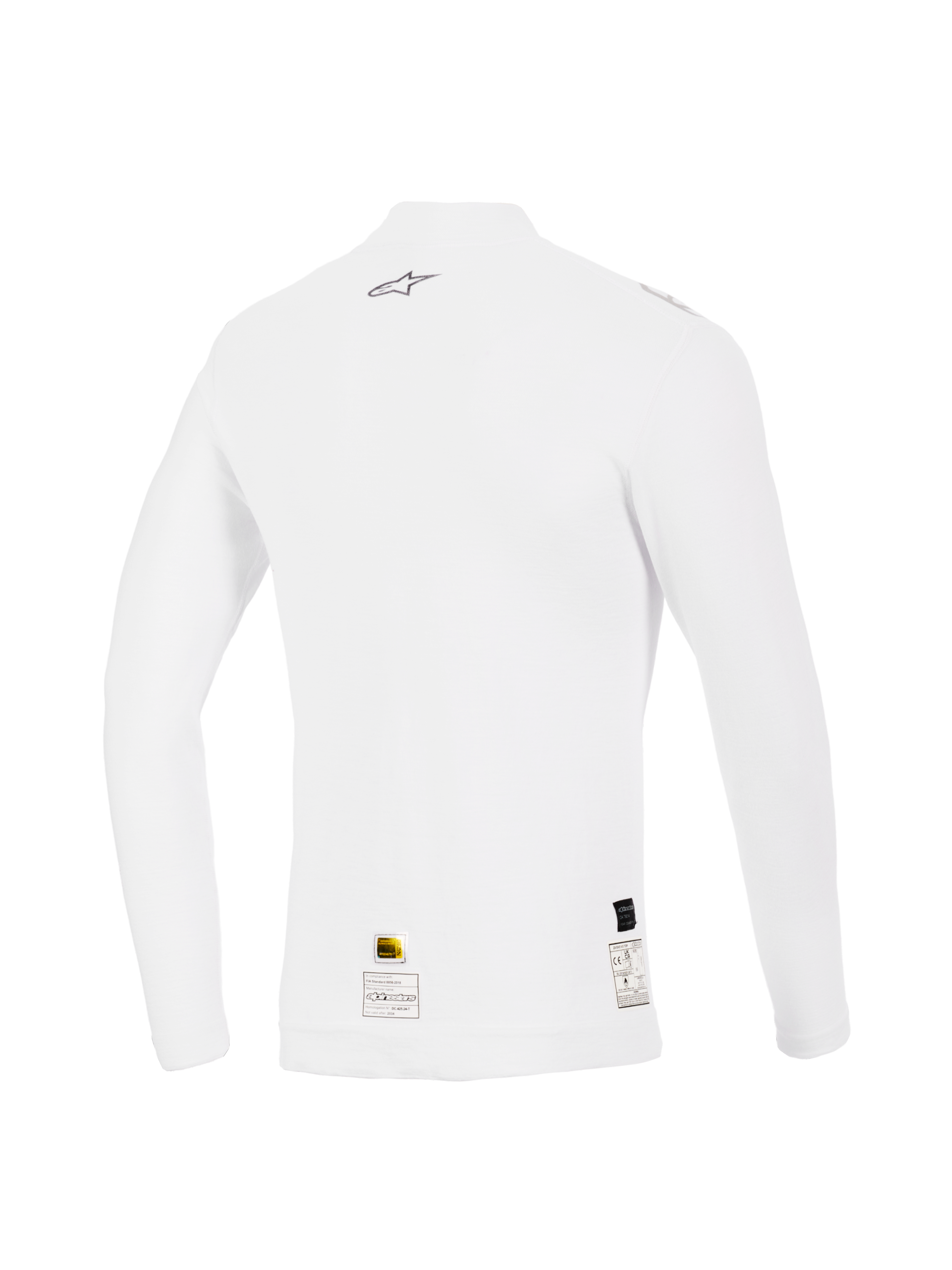Alpinestars ZX Evo V3 Top a Maniche Lunghe, Bianco, Vista Posteriore, strato di base ignifugo per corse automobilistiche con un piccolo logo Alpinestars grigio sulla parte superiore della schiena ed etichette di certificazione sull'orlo, vestibilità performante con consistenza morbida