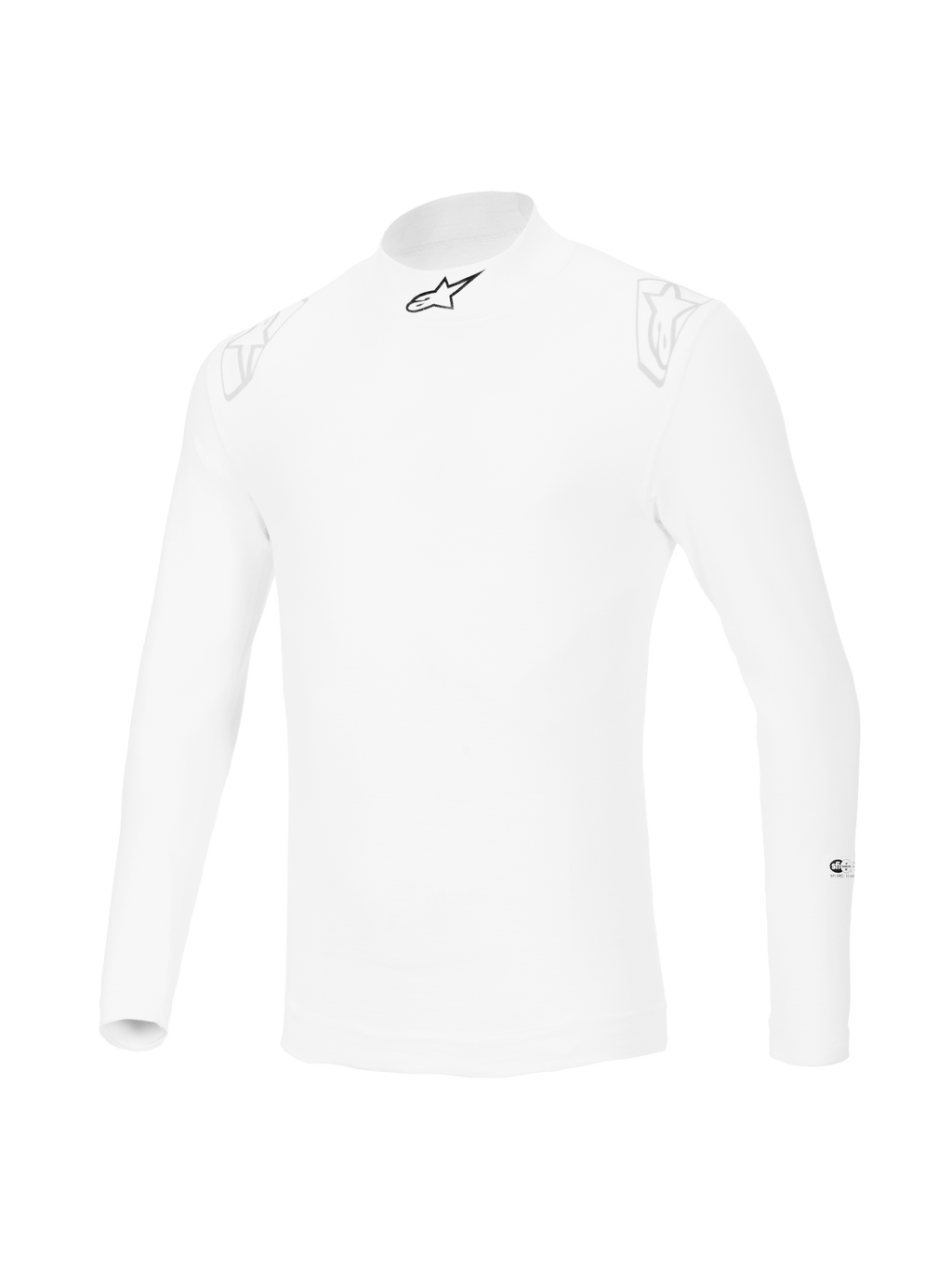 Alpinestars ZX Evo V3 Long Sleeve Top, sottotuta bianco per automobilismo, design resistente alle fiamme con logo a stella nero sul colletto e loghi bianchi sulle spalle, abbigliamento professionale per motorsport.
