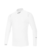 Alpinestars ZX Evo V3 Long Sleeve Top, sottotuta bianco per automobilismo, design resistente alle fiamme con logo a stella nero sul colletto e loghi bianchi sulle spalle, abbigliamento professionale per motorsport.
