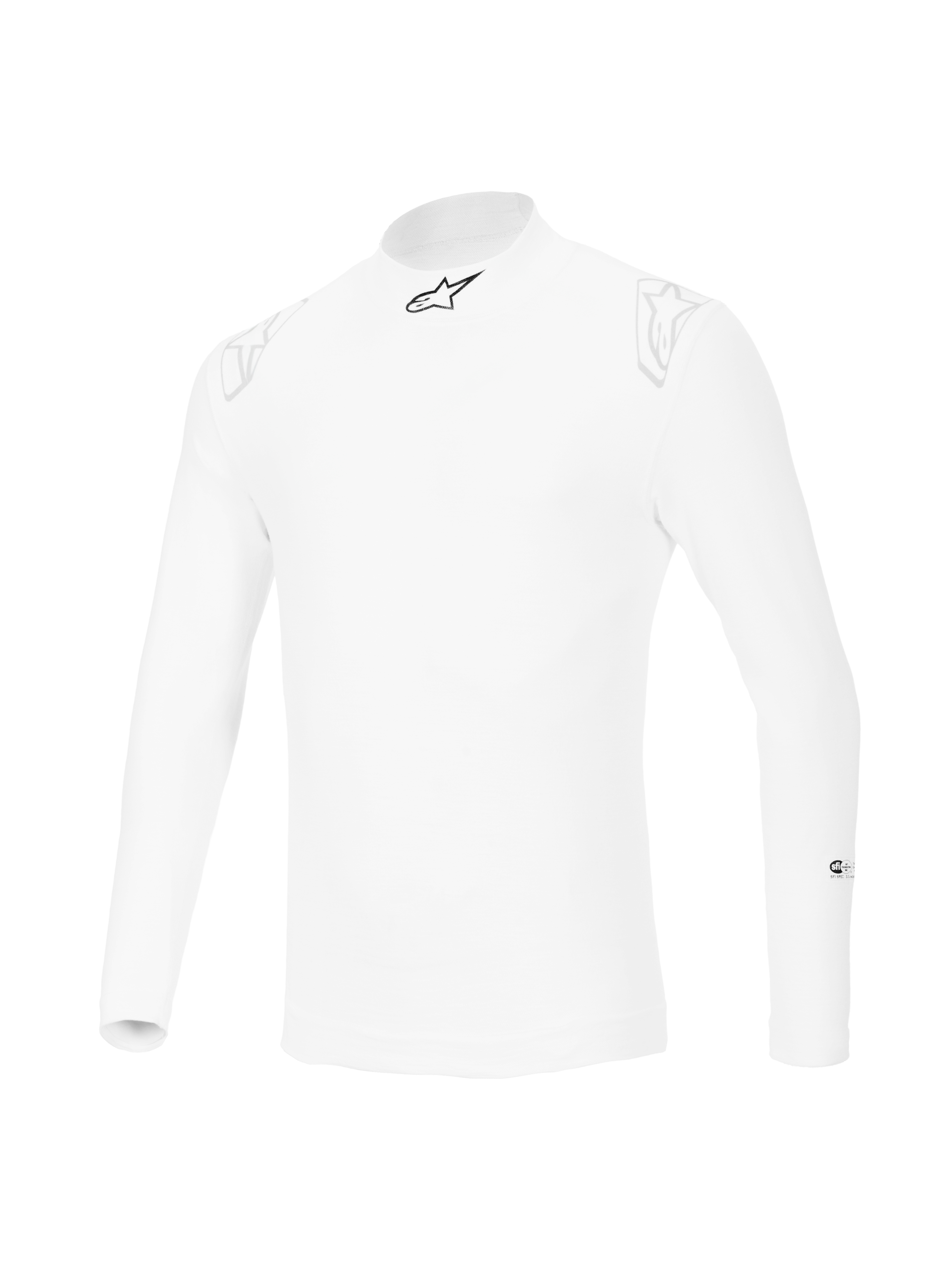 Alpinestars ZX Evo V3 Long Sleeve Top, sottotuta bianco per automobilismo, design resistente alle fiamme con logo a stella nero sul colletto e loghi bianchi sulle spalle, abbigliamento professionale per motorsport.