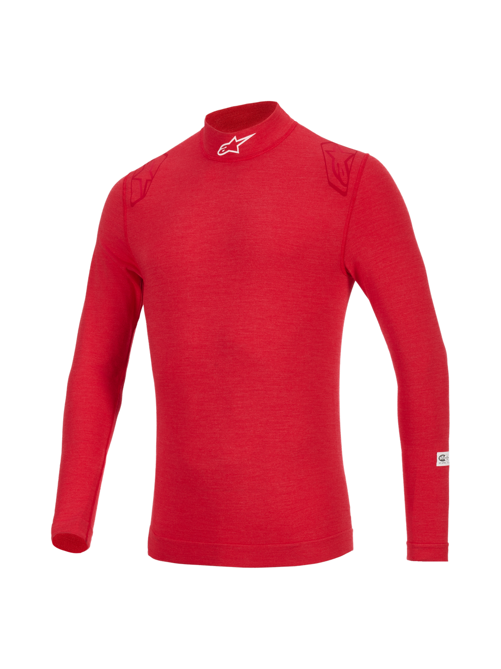 Alpinestars ZX Evo V3 Top - Maniche Lunghe, sottotuta auto ignifugo rosso, con collo alto e logo bianco, dettagli sulle spalle in rosso tono su tono e tessuto tecnico leggero per protezione professionale.