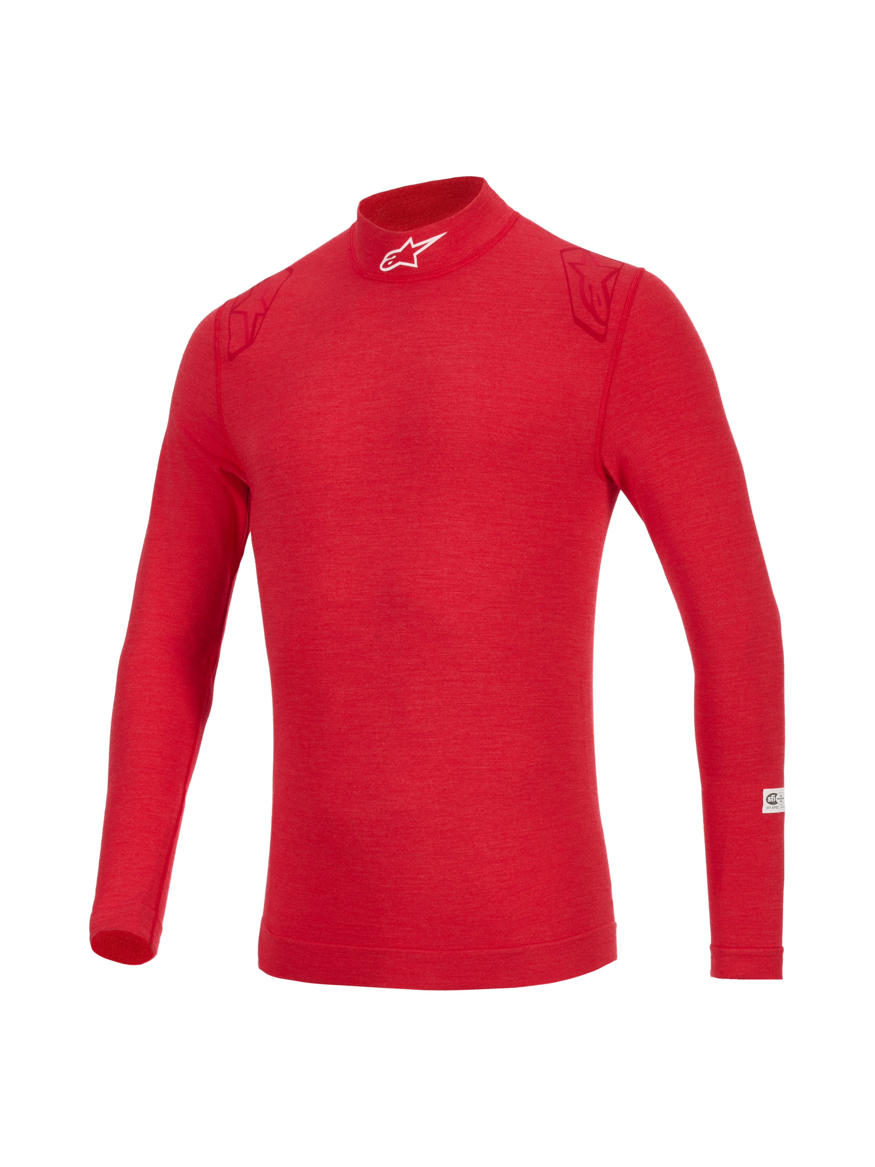 Alpinestars ZX Evo V3 Top - Maniche Lunghe, sottotuta auto ignifugo rosso, con collo alto e logo bianco, dettagli sulle spalle in rosso tono su tono e tessuto tecnico leggero per protezione professionale.