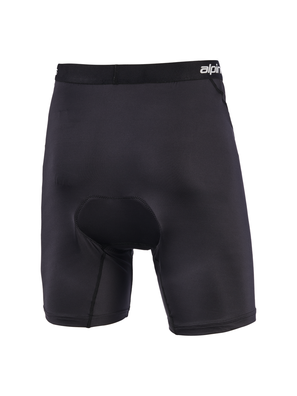 Alpinestars MX Boxer Padded, boxer da motocross neri con imbottitura, vista posteriore con fondello in chamois multi-densità, fascia elastica con logo, costruzione ergonomica elasticizzata per il comfort nella guida off-road