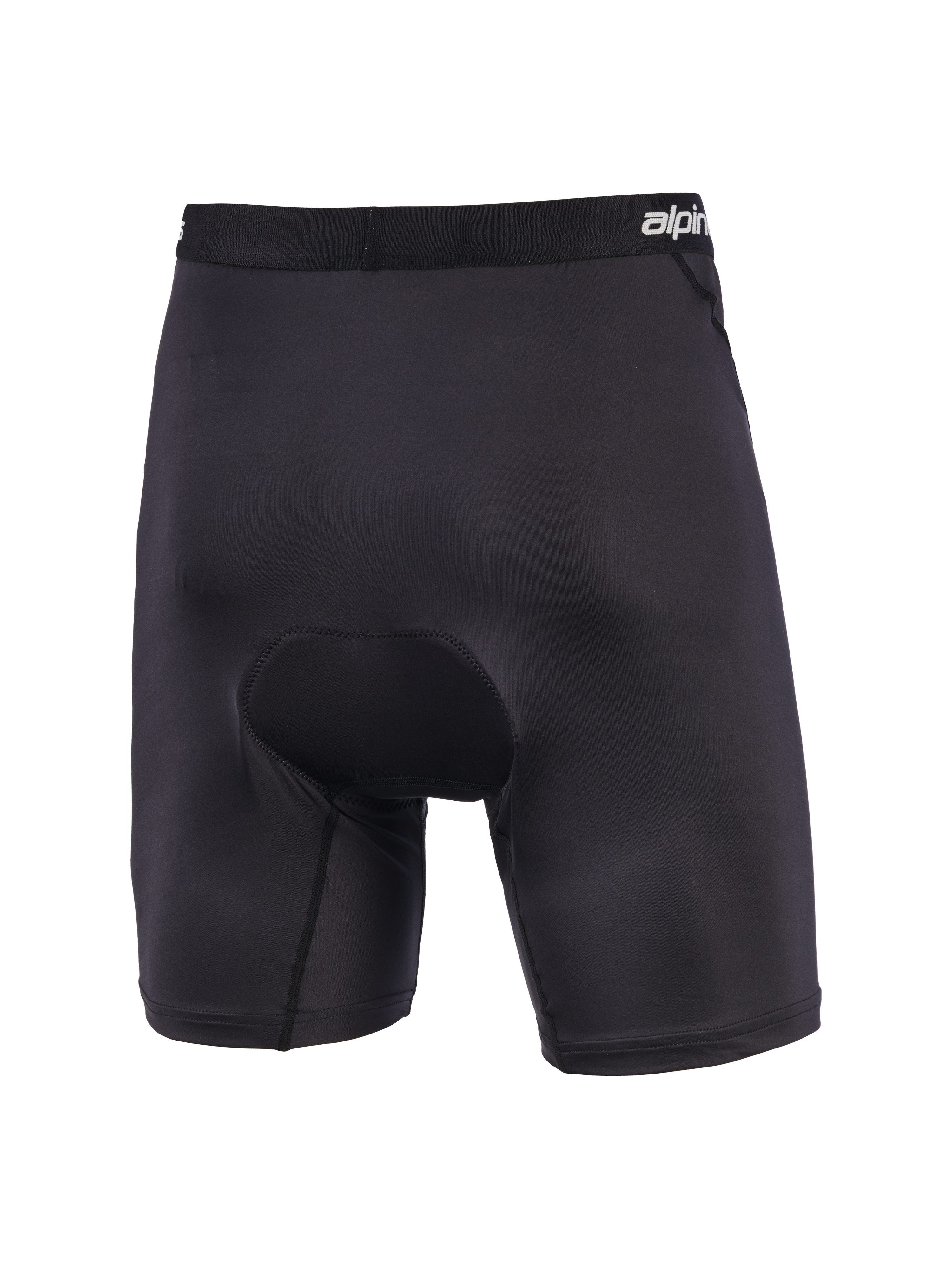 Alpinestars MX Boxer Padded, boxer da motocross neri con imbottitura, vista posteriore con fondello in chamois multi-densità, fascia elastica con logo, costruzione ergonomica elasticizzata per il comfort nella guida off-road