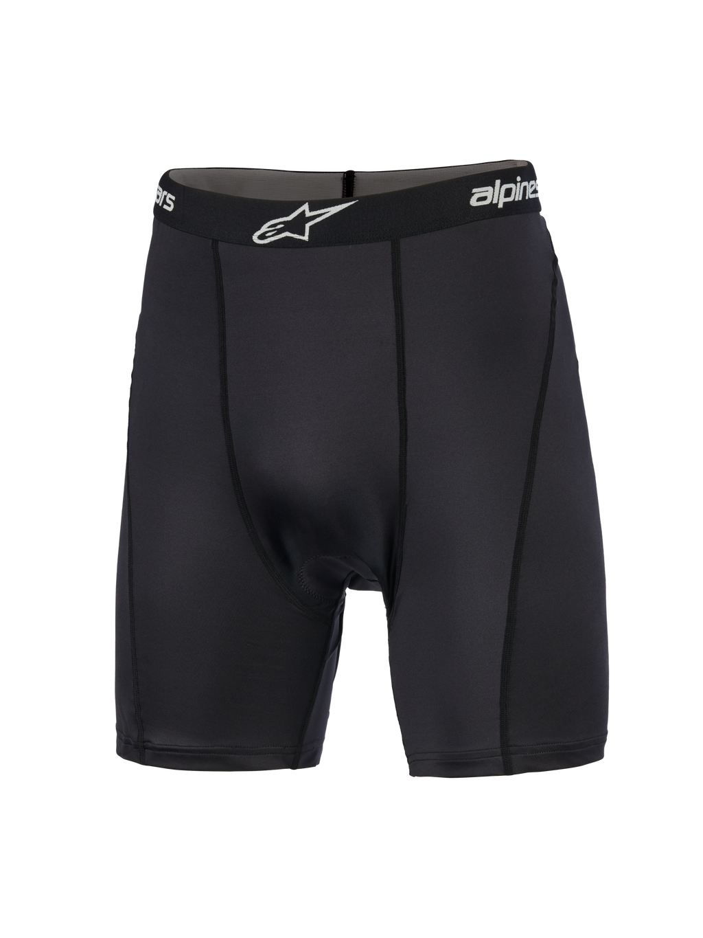 Alpinestars MX Boxer Padded, strato base per motocross, nero, pantaloncini a compressione con fascia elastica logata e logo bianco, cuciture verticali a profilo piatto e tessuto elasticizzato a maglia liscia progettato per il comfort nella guida fuoristrada