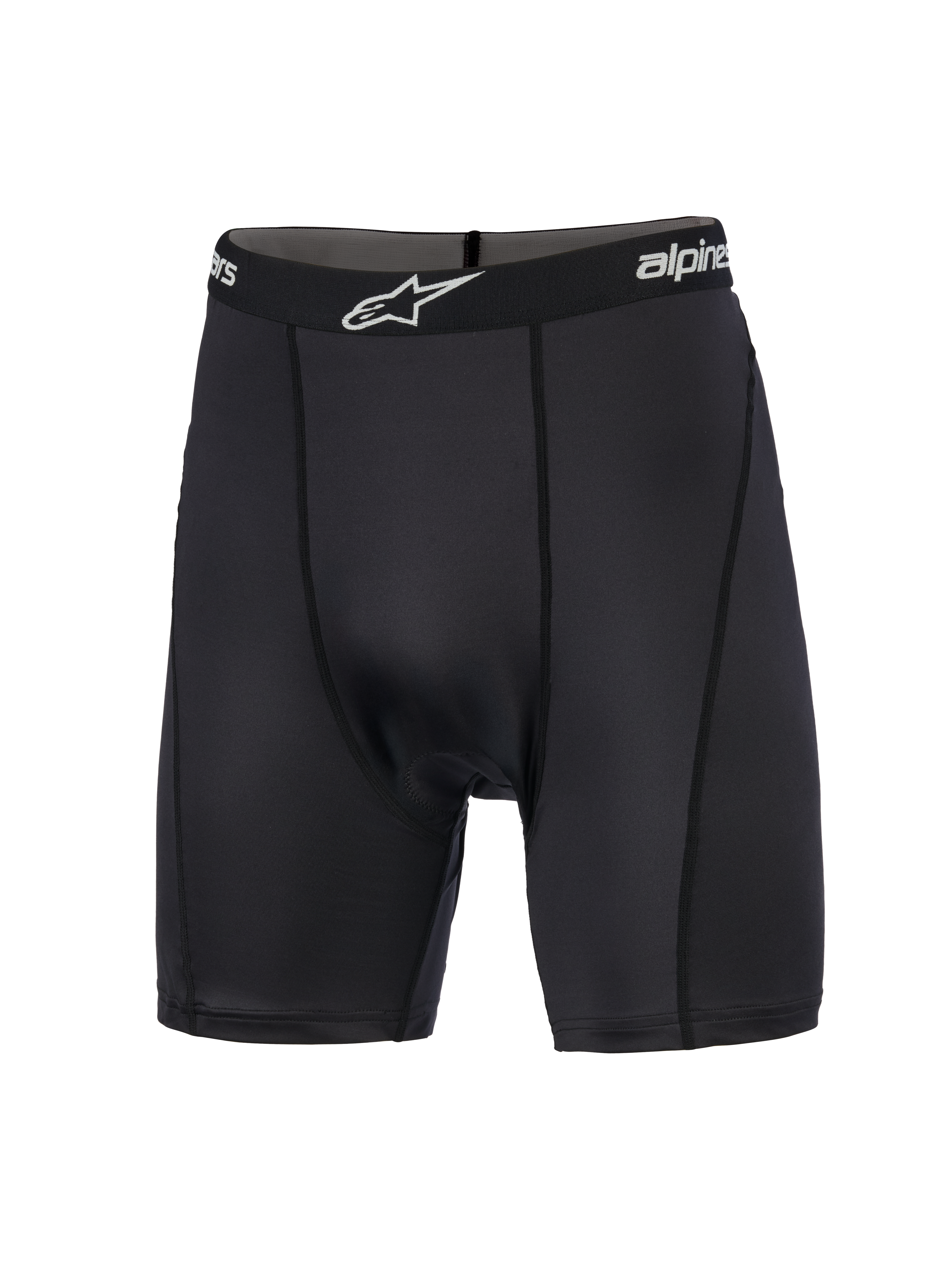 Alpinestars MX Boxer Padded, strato base per motocross, nero, pantaloncini a compressione con fascia elastica logata e logo bianco, cuciture verticali a profilo piatto e tessuto elasticizzato a maglia liscia progettato per il comfort nella guida fuoristrada