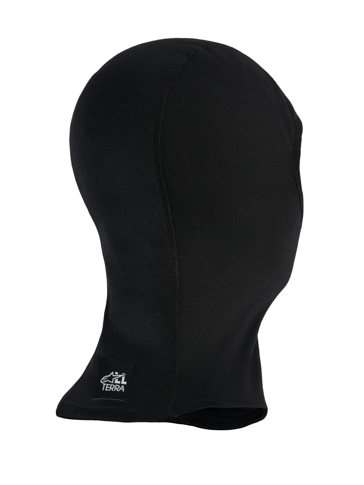 Alpinestars AT-8 Merino Balaclava, Black motorcycle adventure balaclava worn on head showing side profile and All Terra logo branding on extended neck, merino wool blend construction