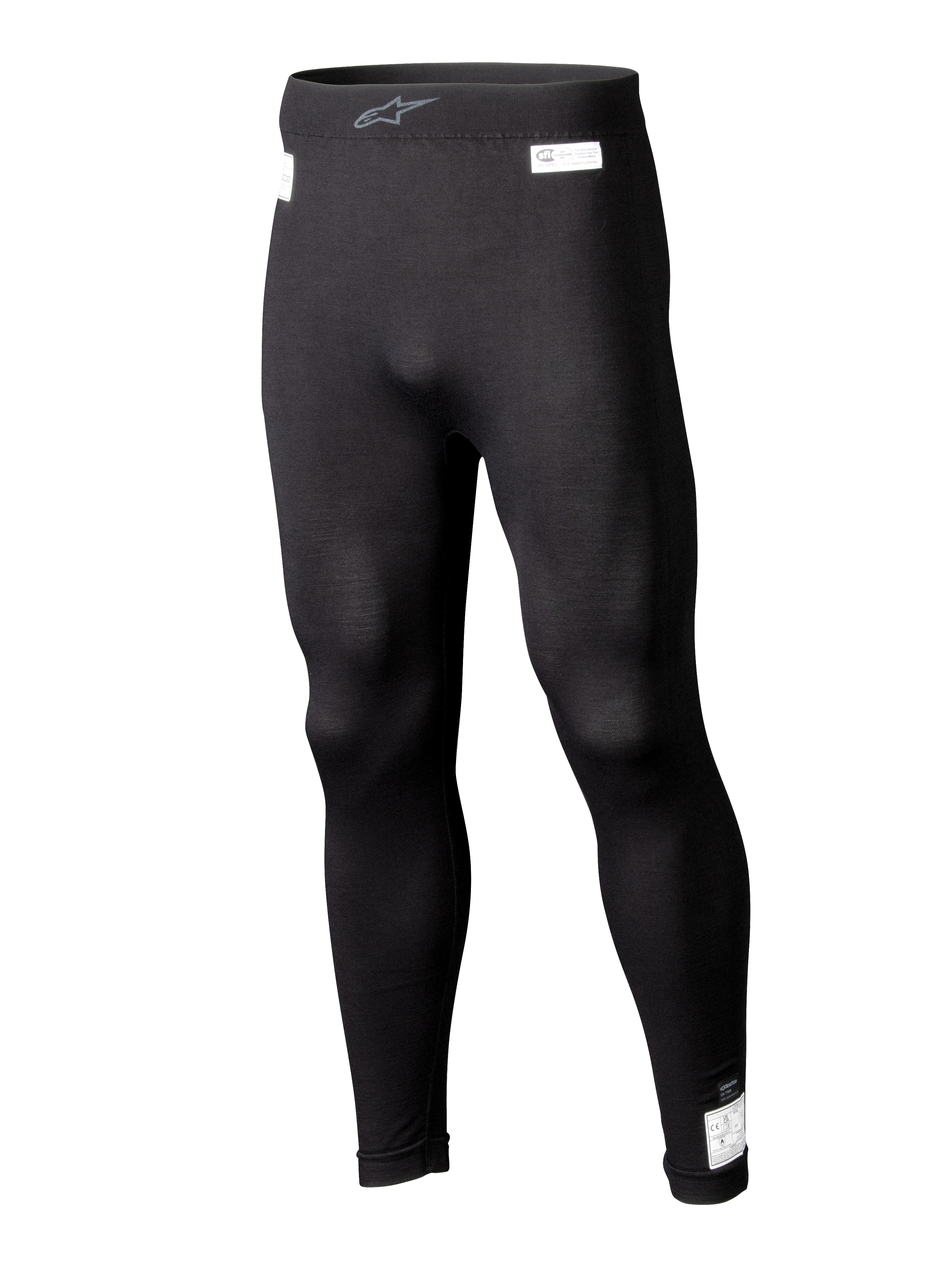 Alpinestars ZX Evo V3 Bottom, leggings base layer neri per motorsport, intimo racing ignifugo, design a lunghezza intera con etichette di certificazione FIA e SFI bianche, fascia elastica in vita con logo Astars grigio, vestibilità affusolata ed elegante