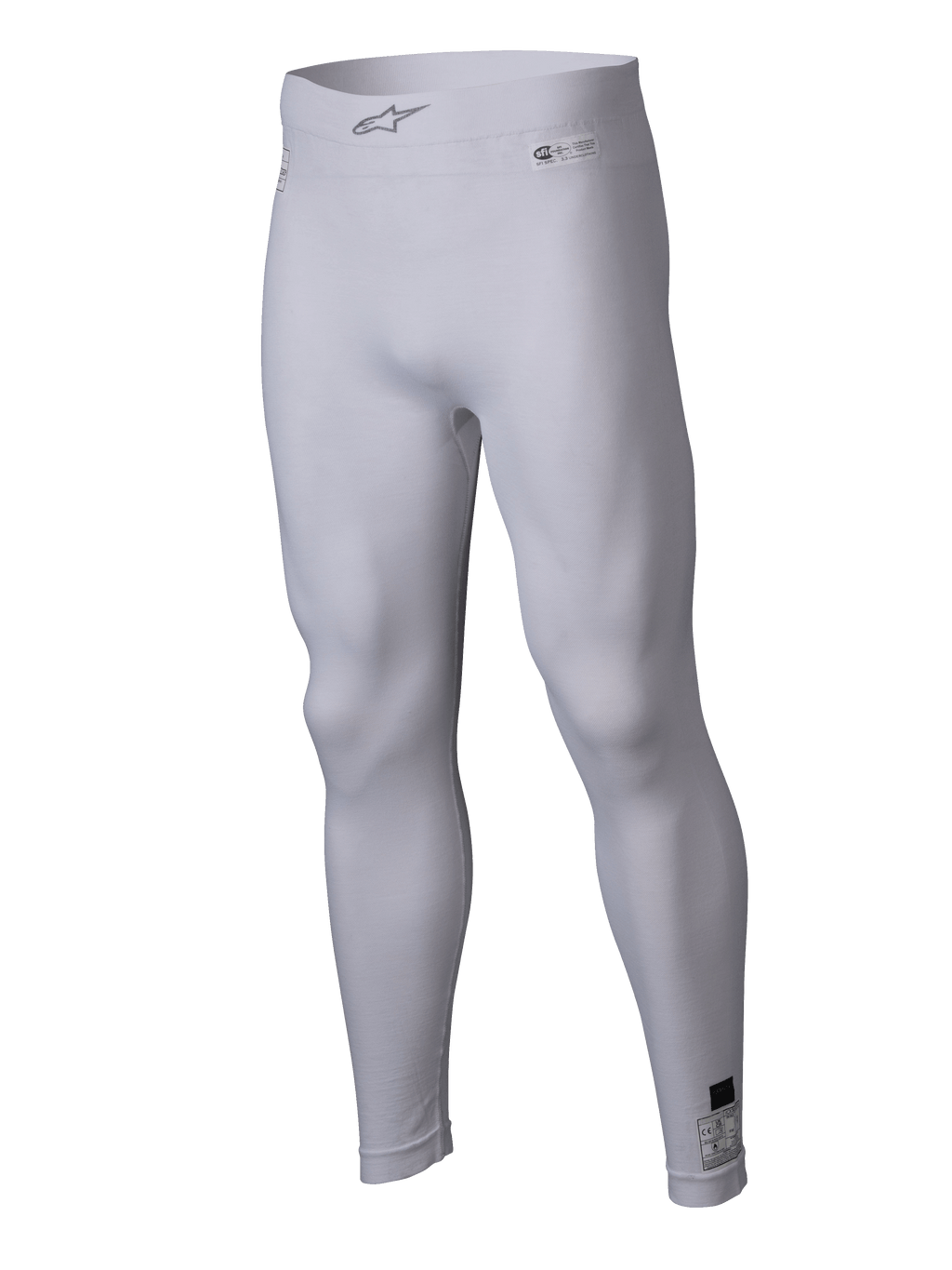 Alpinestars ZX Evo V3 Bottom, pantaloni intimi da corsa bianchi, leggings a compressione resistenti alle fiamme, con logo Alpinestars sulla cintura elastica ed etichette di certificazione, tessuto elastico leggero per prestazioni nel motorsport
