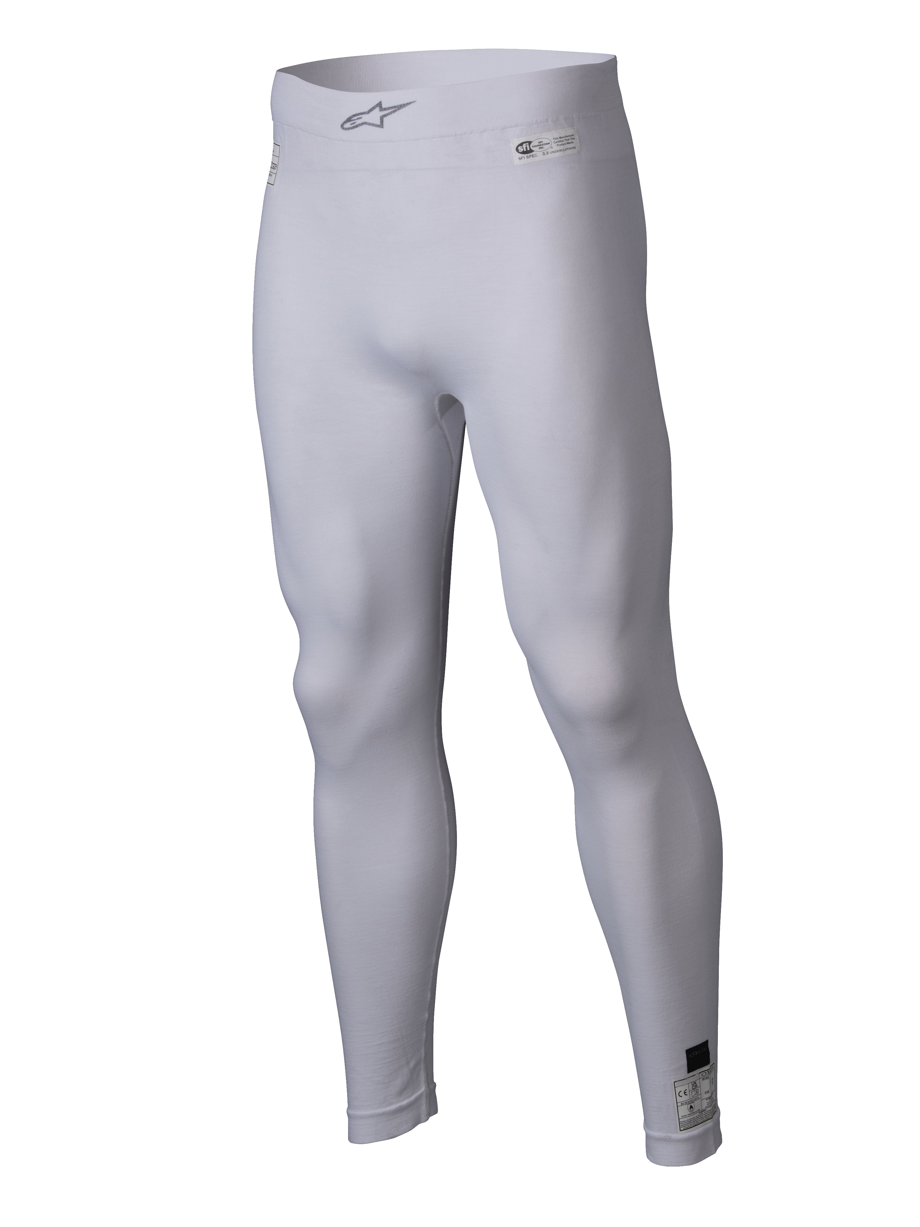 Alpinestars ZX Evo V3 Bottom, pantaloni intimi da corsa bianchi, leggings a compressione resistenti alle fiamme, con logo Alpinestars sulla cintura elastica ed etichette di certificazione, tessuto elastico leggero per prestazioni nel motorsport