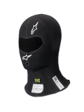 Alpinestars ZX Balaclava Evo V2 FIA/SFI, passamontagna da corsa nero, apertura singola per gli occhi con loghi bianchi, etichette di certificazione FIA e SFI visibili sul collo, tessuto tecnico ignifugo per motorsport professionale