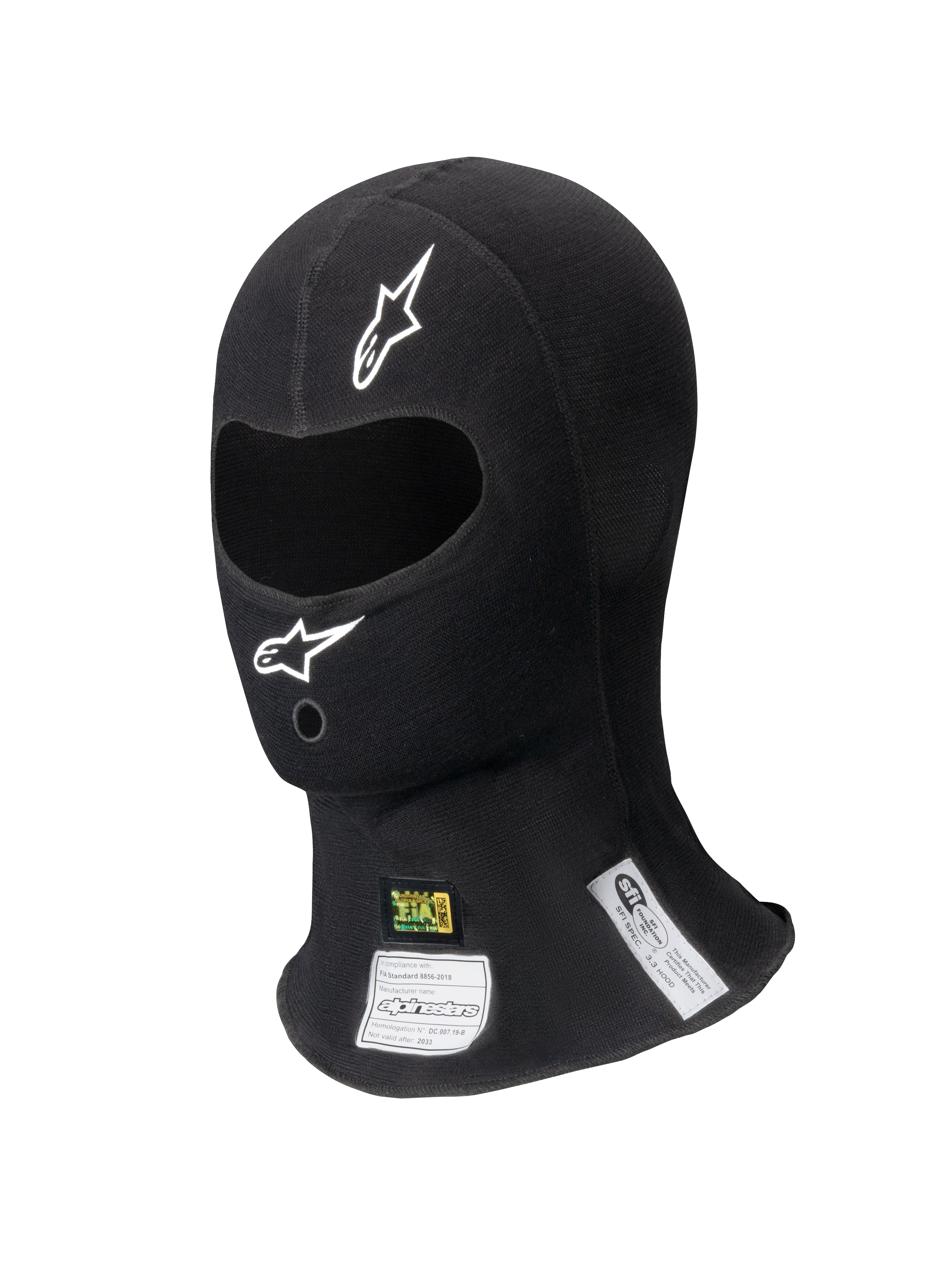 Alpinestars ZX Balaclava Evo V2 FIA/SFI, passamontagna da corsa nero, apertura singola per gli occhi con loghi bianchi, etichette di certificazione FIA e SFI visibili sul collo, tessuto tecnico ignifugo per motorsport professionale