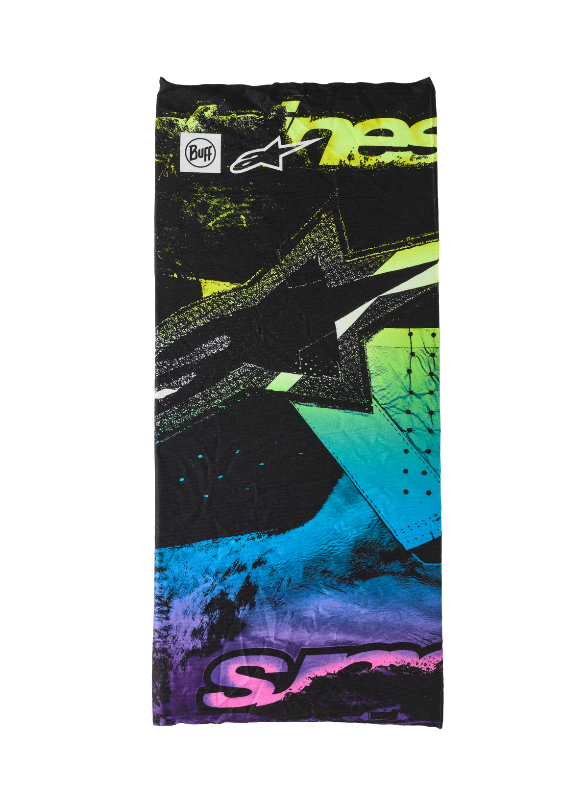 Alpinestars Buff Ignite Neck Tube, scaldacollo da moto, nero con grafiche astratte rosa fluorescente, giallo, blu e viola, con logo Alpinestars e marchio Buff, leggero e senza cuciture