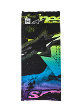 Alpinestars Buff Ignite Neck Tube, scaldacollo da moto, nero con grafiche astratte rosa fluorescente, giallo, blu e viola, con logo Alpinestars e marchio Buff, leggero e senza cuciture