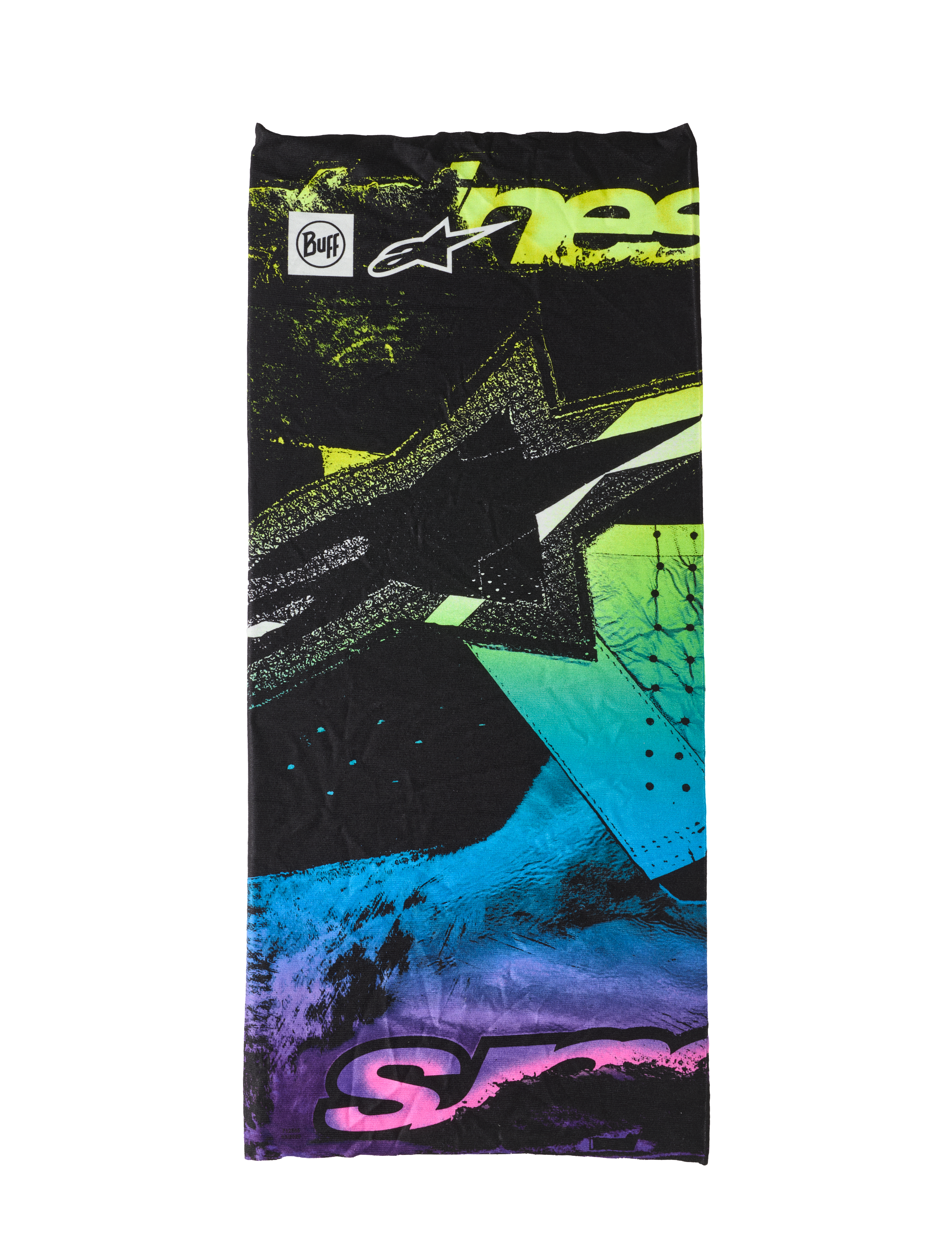 Alpinestars Buff Ignite Neck Tube, scaldacollo da moto, nero con grafiche astratte rosa fluorescente, giallo, blu e viola, con logo Alpinestars e marchio Buff, leggero e senza cuciture