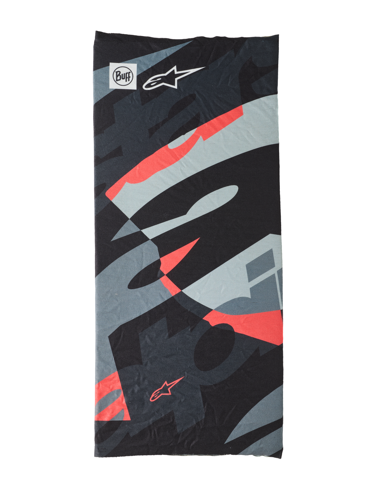 Buff Mogress Neck Tube, scaldacollo multifunzione, Black Camo Red Fluo, motivo astratto in nero, grigio e rosso fluorescente, tessuto leggero senza cuciture con loghi Buff e Alpinestars