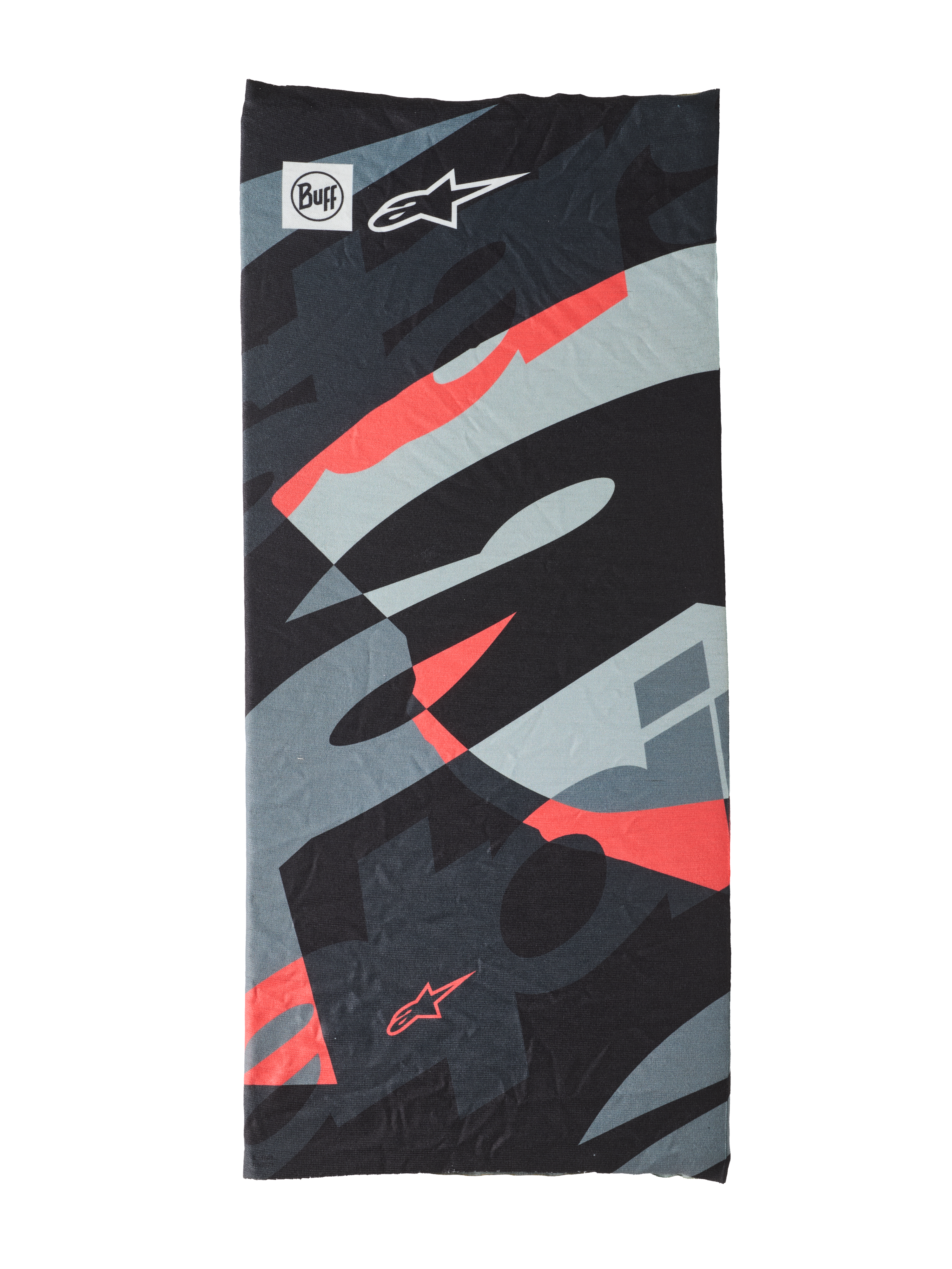 Buff Mogress Neck Tube, scaldacollo multifunzione, Black Camo Red Fluo, motivo astratto in nero, grigio e rosso fluorescente, tessuto leggero senza cuciture con loghi Buff e Alpinestars
