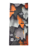Alpinestars Buff Nazca Neck Tube, scaldacollo da moto, mimetico grigio e arancione fluo, motivo camouflage digitale a mezzitoni, con loghi Alpinestars e Buff e marchio All Terra, tessuto elasticizzato in 4 direzioni senza cuciture per la guida con climi caldi