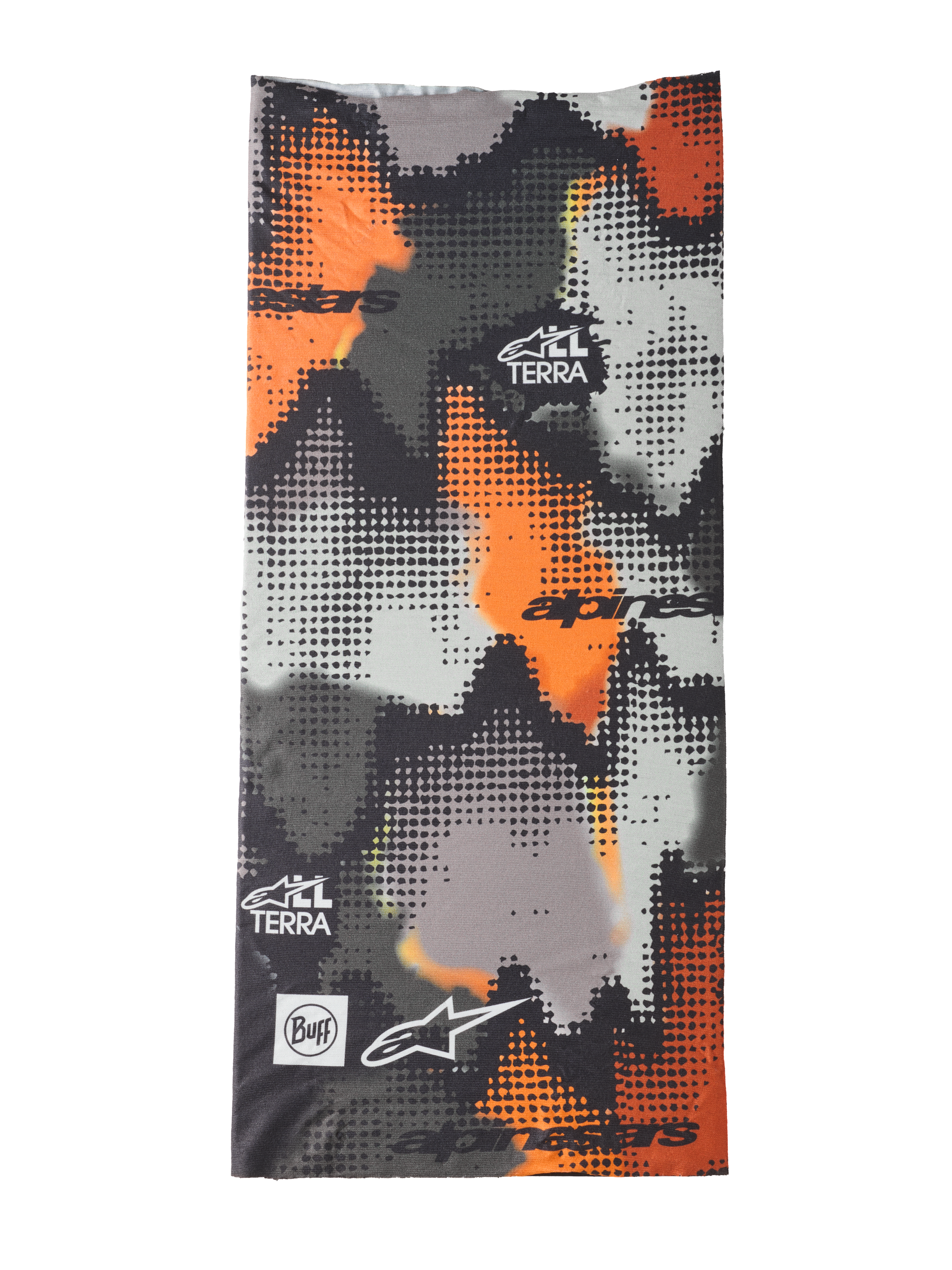 Alpinestars Buff Nazca Neck Tube, scaldacollo da moto, mimetico grigio e arancione fluo, motivo camouflage digitale a mezzitoni, con loghi Alpinestars e Buff e marchio All Terra, tessuto elasticizzato in 4 direzioni senza cuciture per la guida con climi caldi