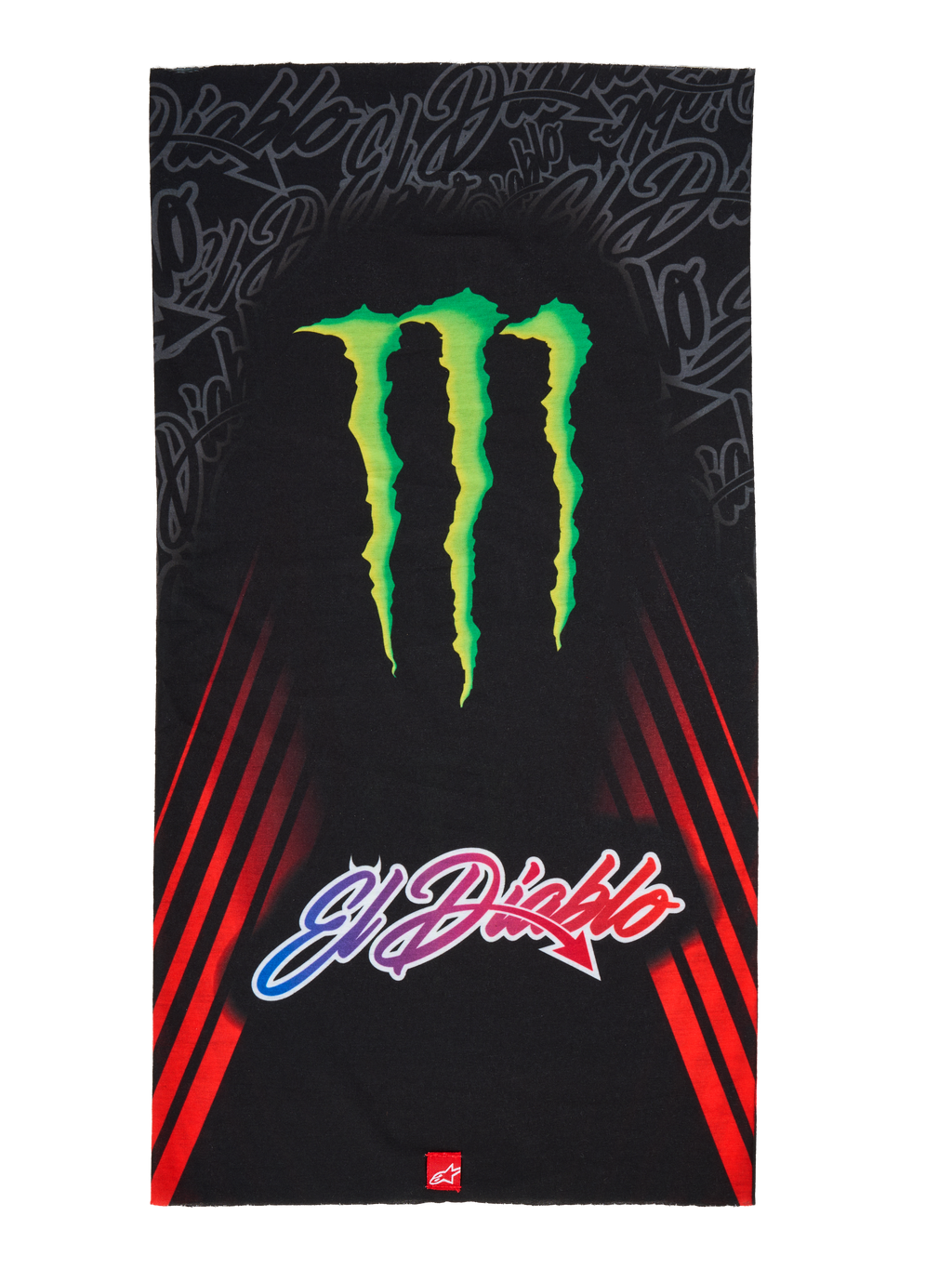 Alpinestars FQ20 Neck Tube Monster, scaldacollo da moto, nero con un grande logo verde Monster Energy e scritta sfumata 'El Diablo', strisce diagonali rosse sui lati, accessorio in tessuto leggero per la guida in primavera ed estate