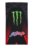 Alpinestars FQ20 Neck Tube Monster, scaldacollo da moto, nero con un grande logo verde Monster Energy e scritta sfumata 'El Diablo', strisce diagonali rosse sui lati, accessorio in tessuto leggero per la guida in primavera ed estate