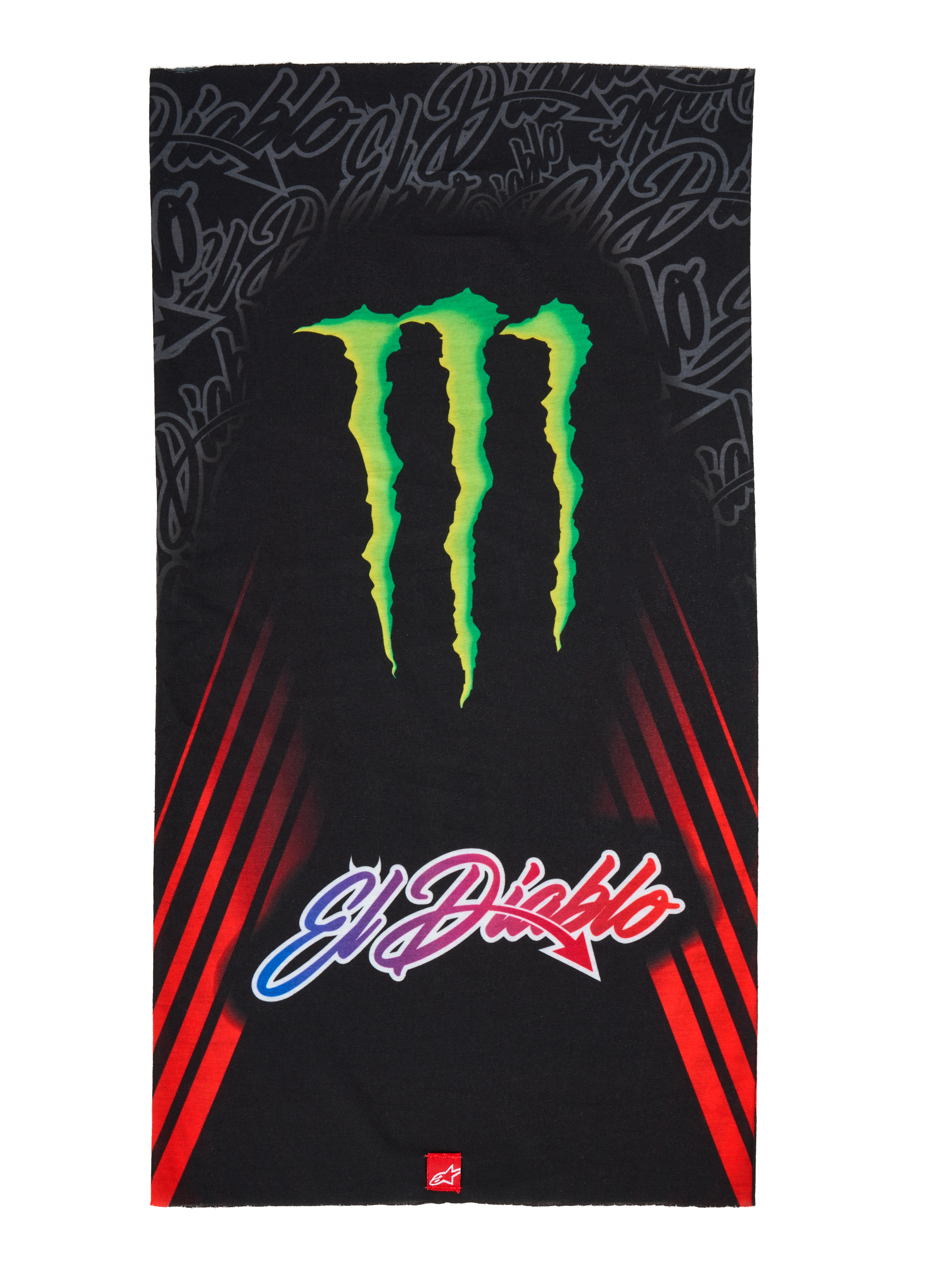 Alpinestars FQ20 Neck Tube Monster, scaldacollo da moto, nero con un grande logo verde Monster Energy e scritta sfumata 'El Diablo', strisce diagonali rosse sui lati, accessorio in tessuto leggero per la guida in primavera ed estate