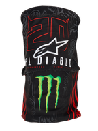 Alpinestars FQ20 Neck Tube Monster, scaldacollo da moto leggero, nero con grafiche '20' rosse e 'El Diablo' bianche, logo Alpinestars bianco e artiglio Monster Energy verde, accessorio d'ispirazione racing con una texture tessile setosa